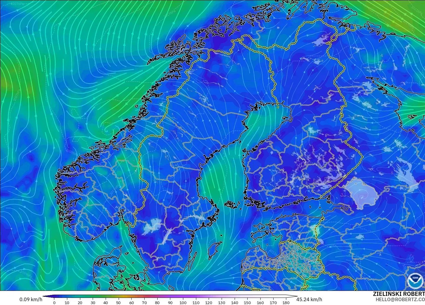 GFS modelo - Escandinavia, Viento a 10 m