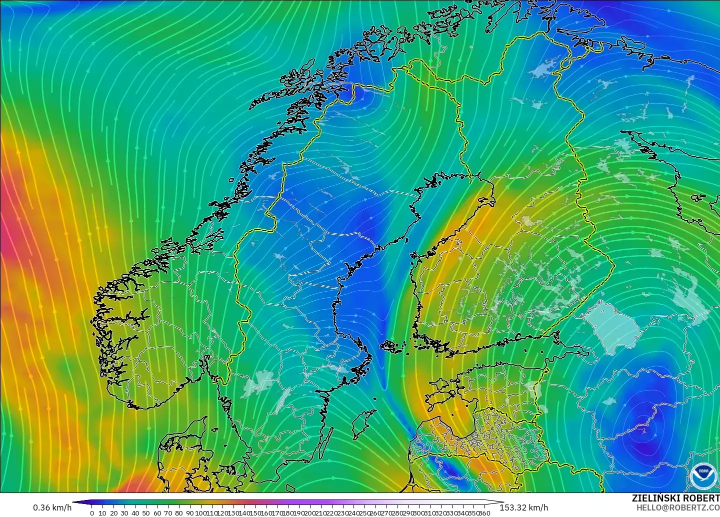 GFS modelo - Escandinavia, Viento a 300 hPa (corriente en chorro)
