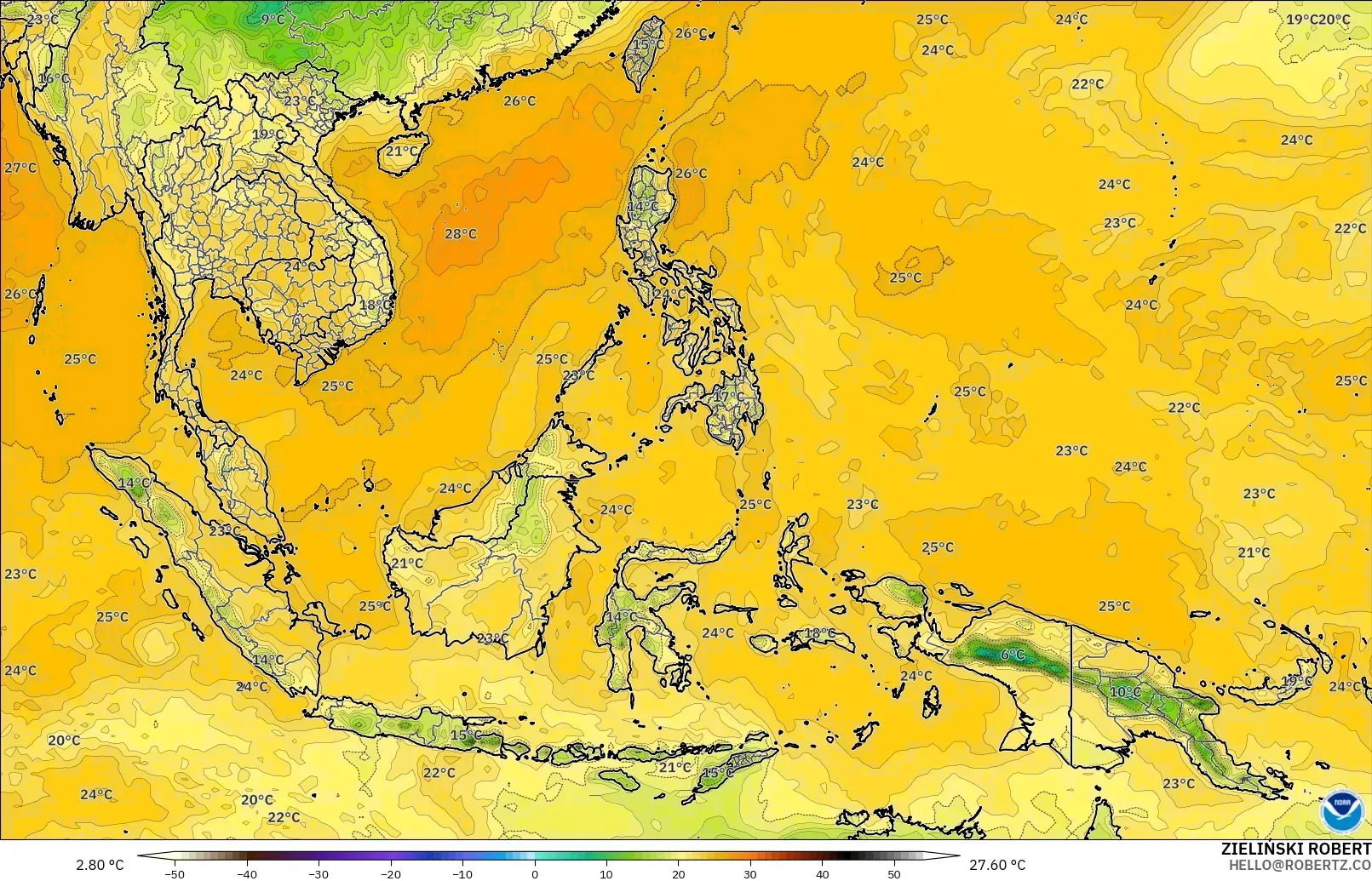 GFS modelo - Sudeste Asiático, Punto de rocío a 2 m