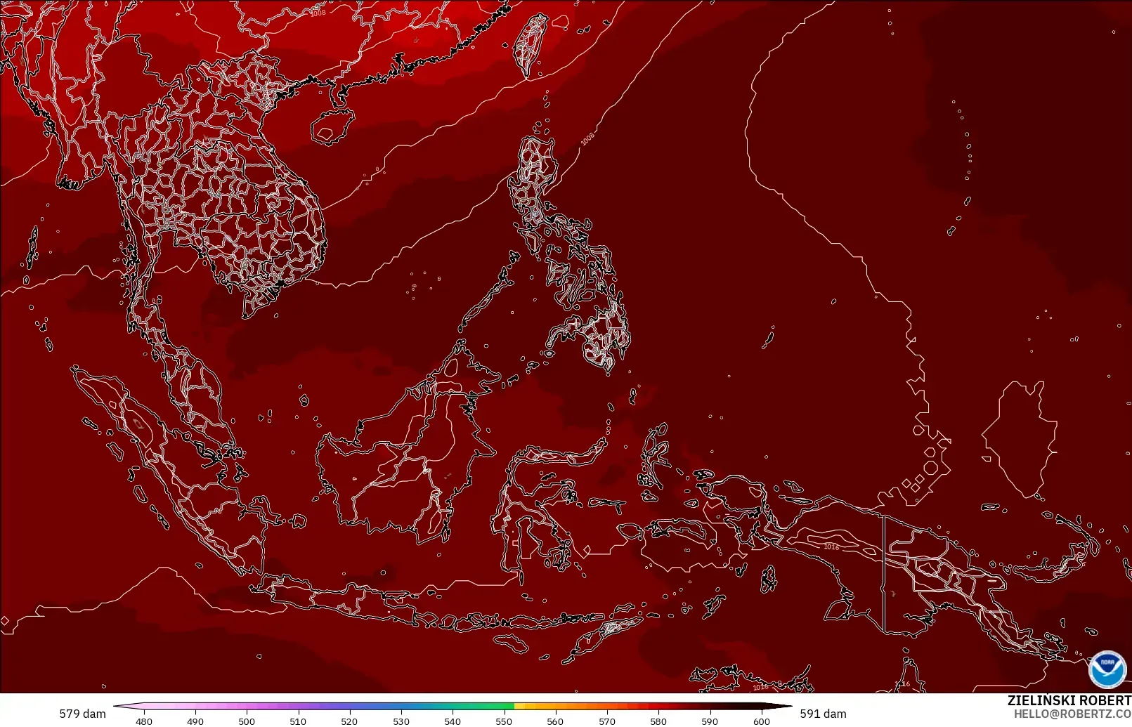 GFS modelo - Sudeste Asiático, Altura geopotencial a 500 hPa