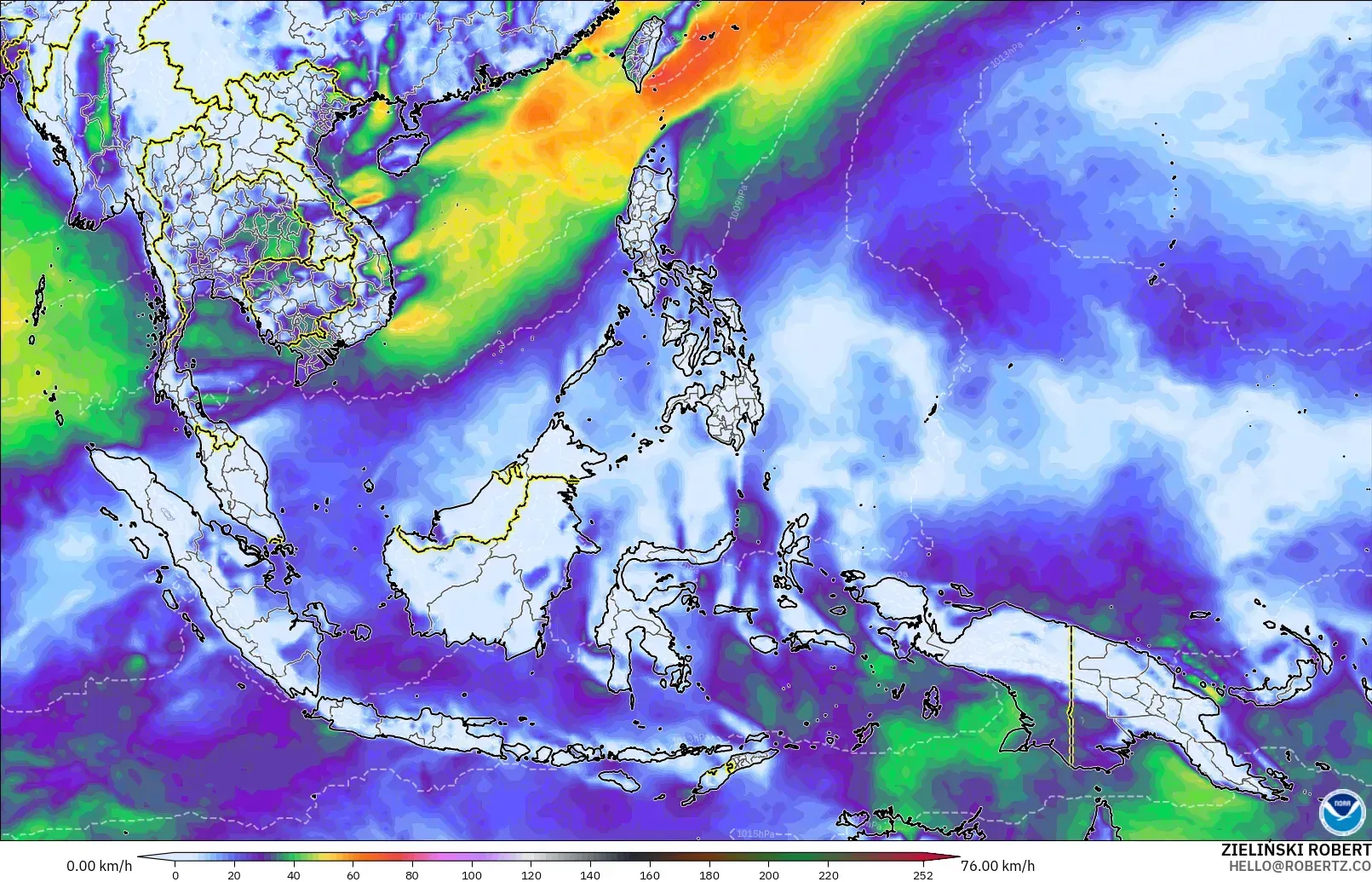 GFS modelo - Sudeste Asiático, Ráfagas de Viento Máximas
