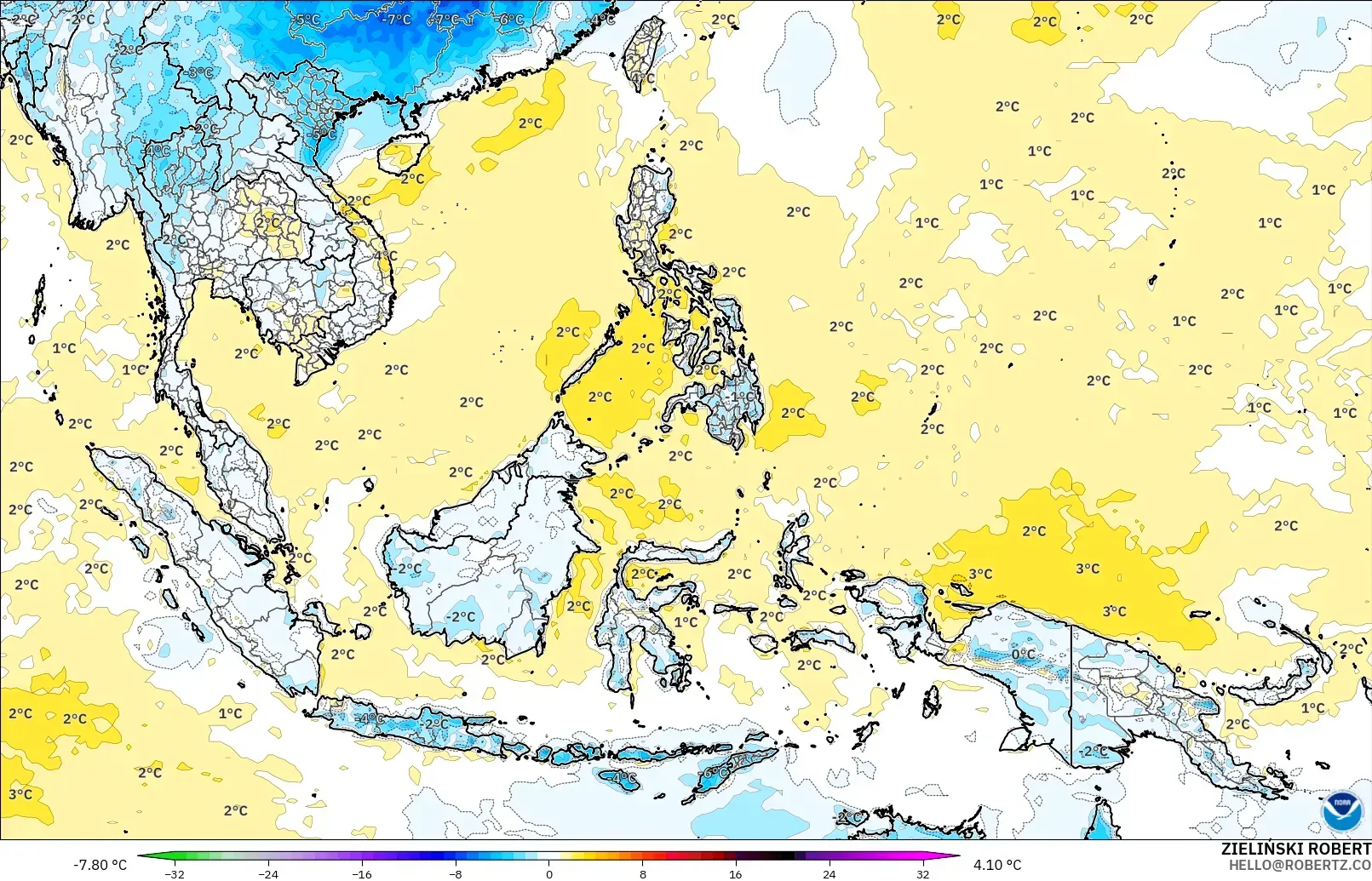 GFS modelo - Sudeste Asiático, Anomalía de temperatura a 2 m
