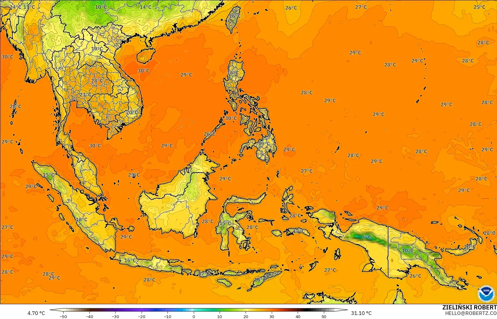 GFS modelo - Sudeste Asiático, Temperatura a 2 m