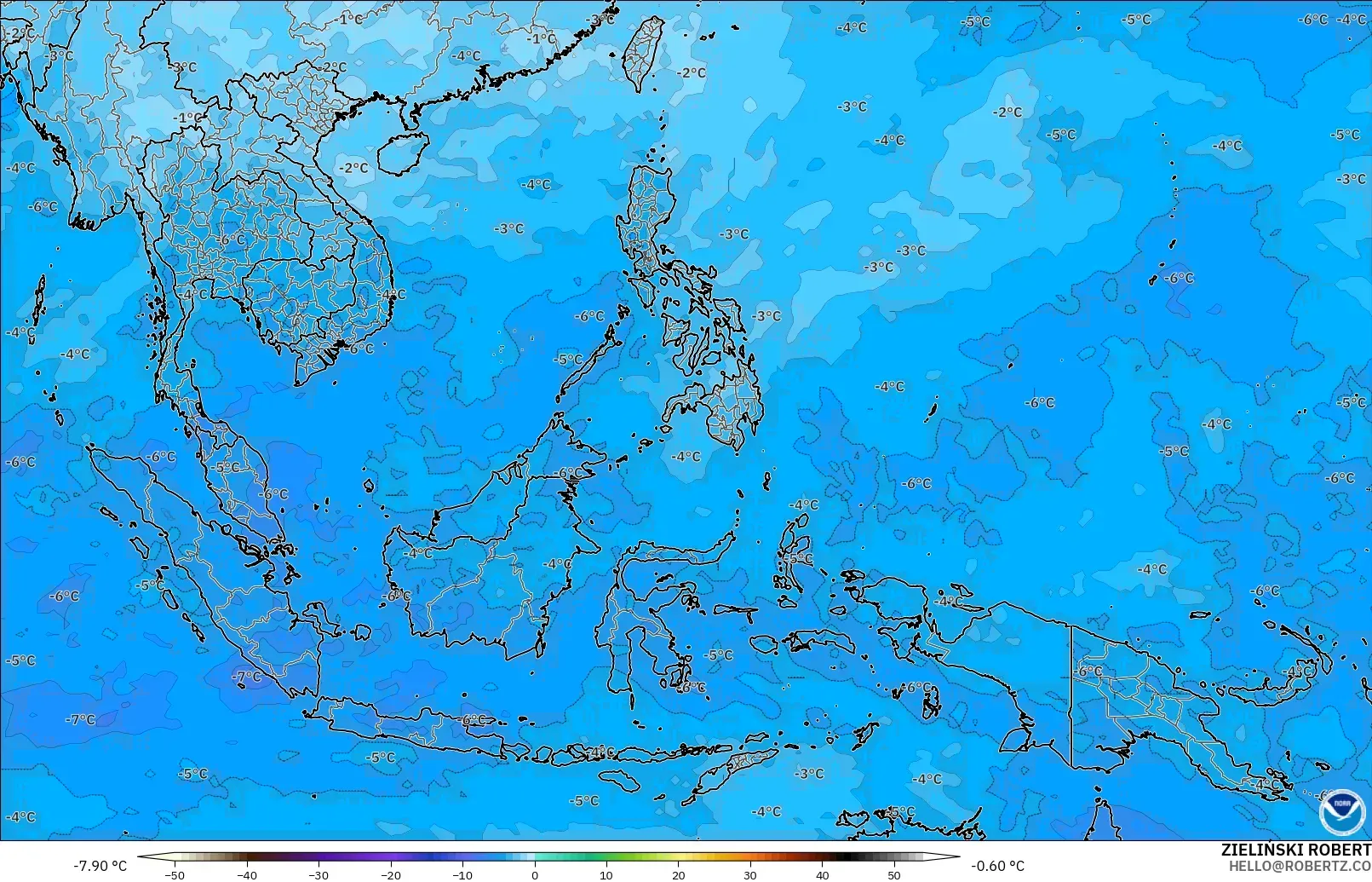 GFS modelo - Sudeste Asiático, Temperatura a 500 hPa