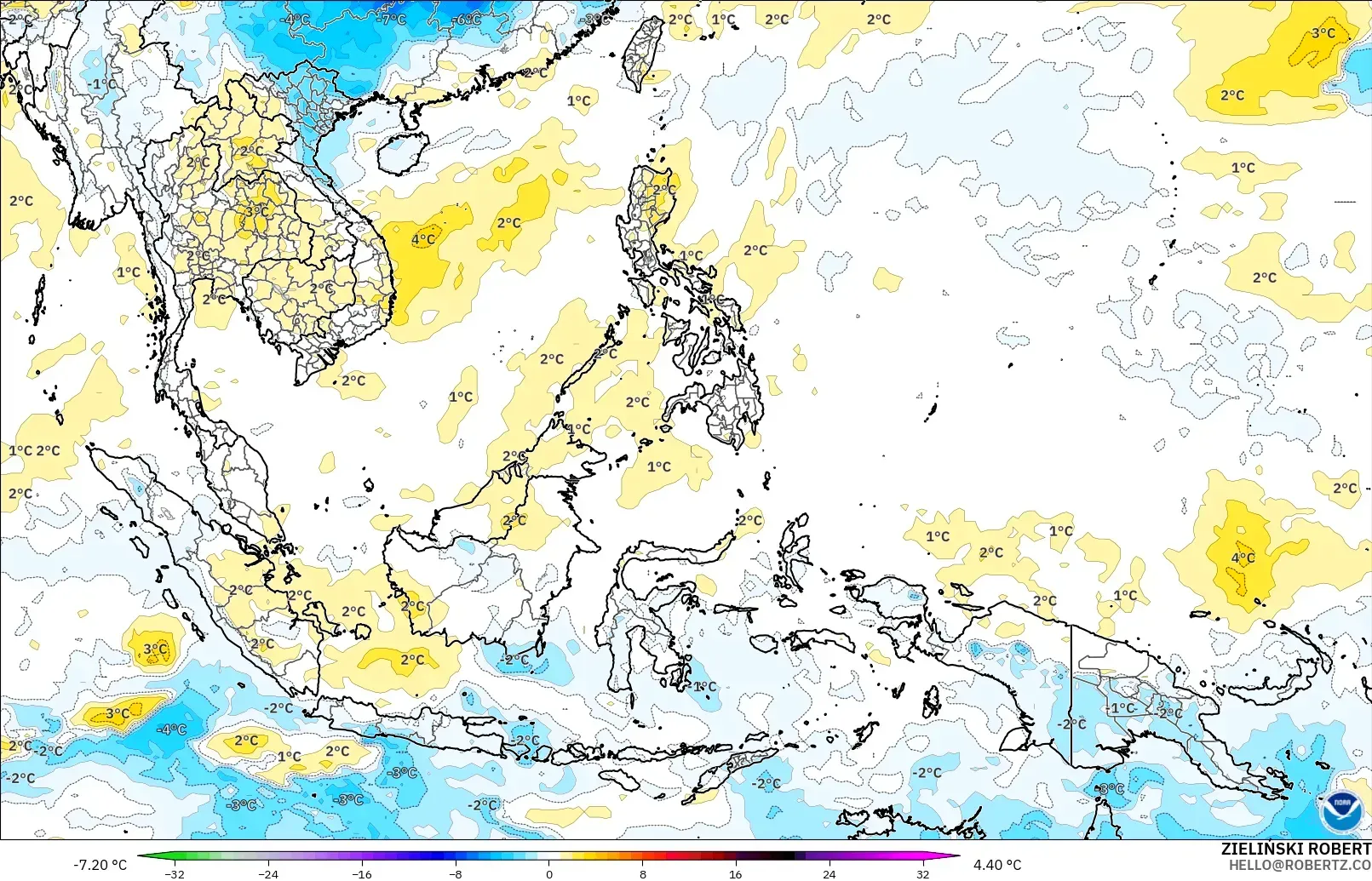 GFS modelo - Sudeste Asiático, Anomalía de temperatura a 850 hPa