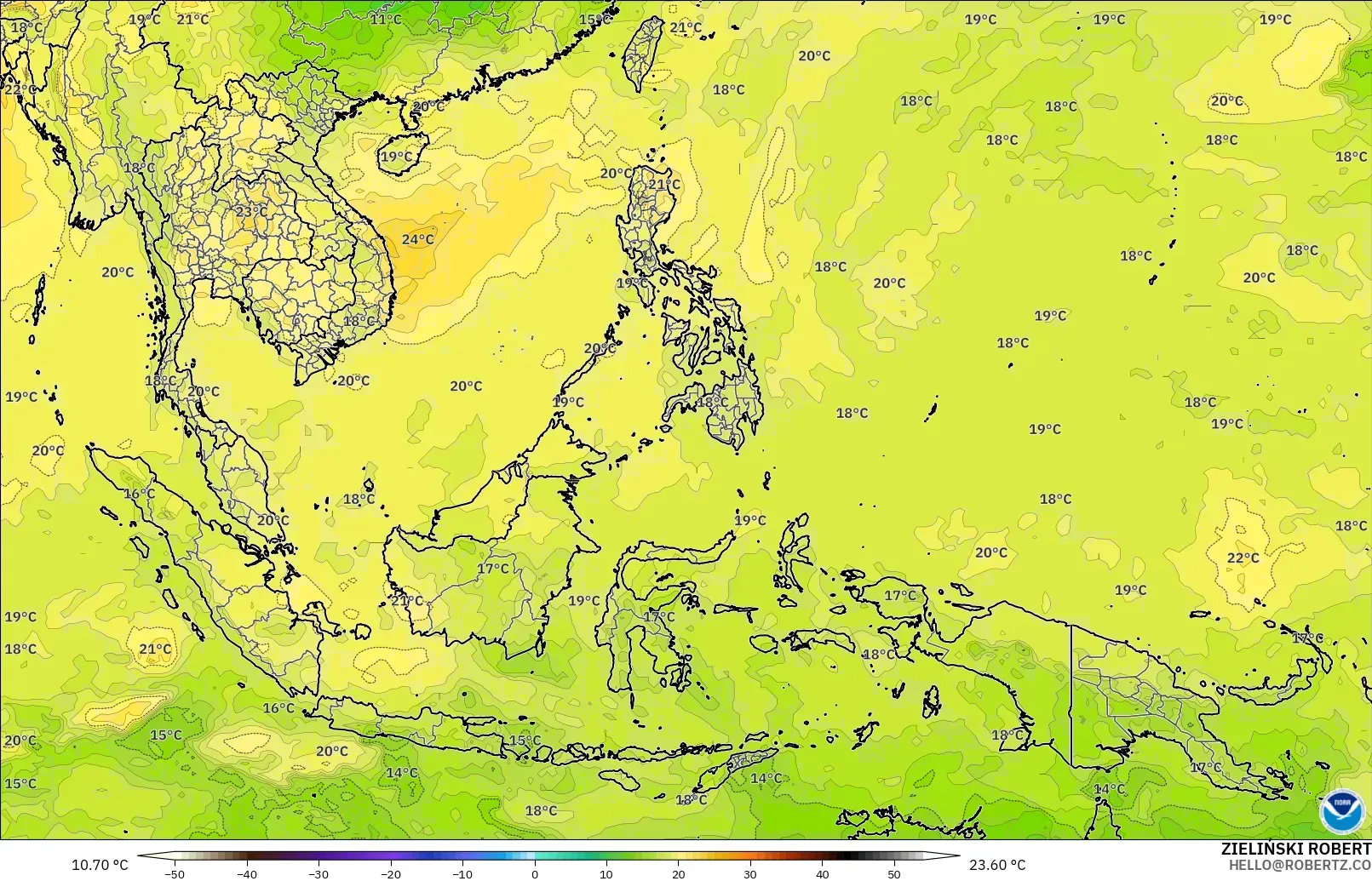 GFS modelo - Sudeste Asiático, Temperatura a 850 hPa