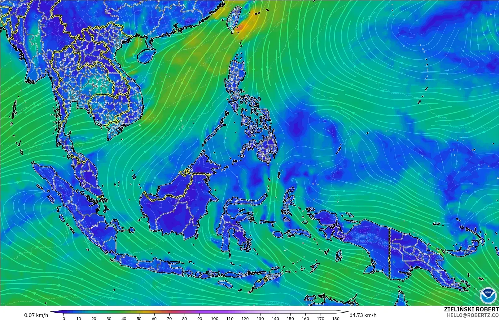 GFS modelo - Sudeste Asiático, Viento a 10 m