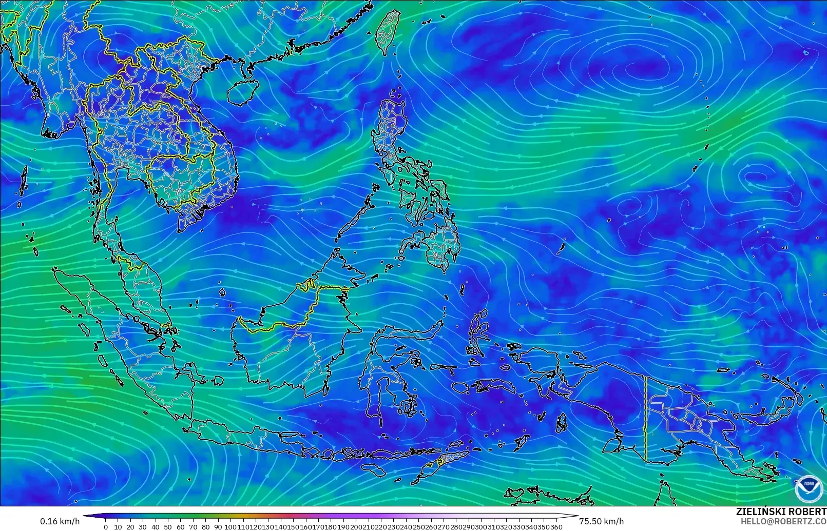GFS modelo - Sudeste Asiático, Viento a 300 hPa (corriente en chorro)