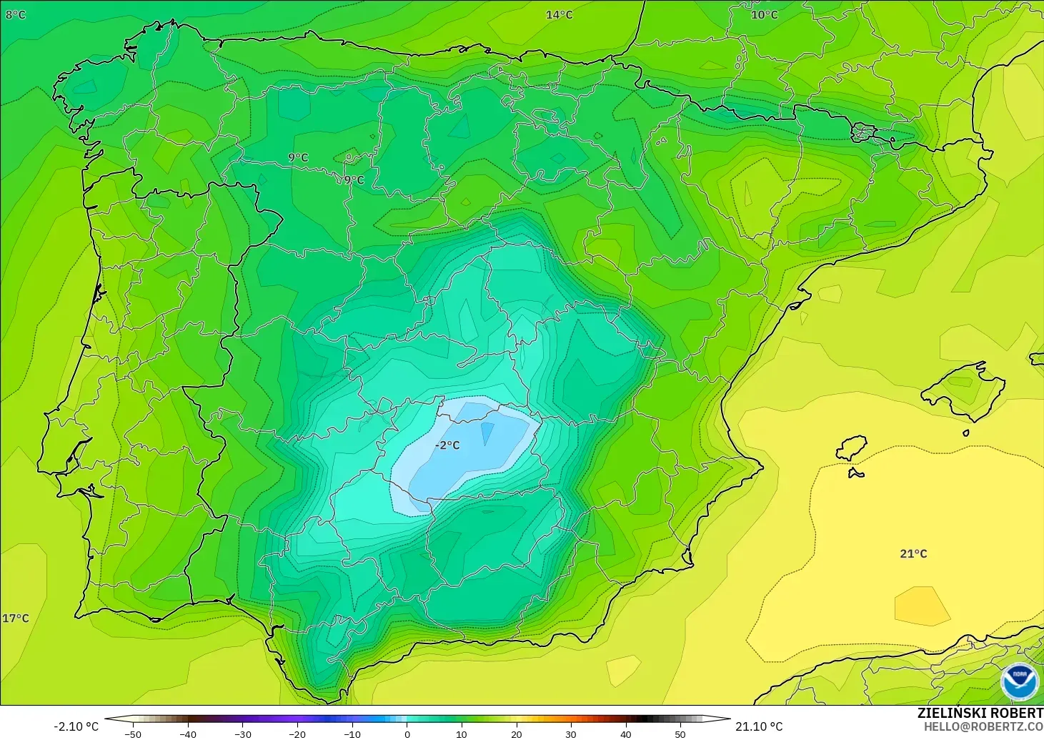 GFS modelo - España, Punto de rocío a 2 m