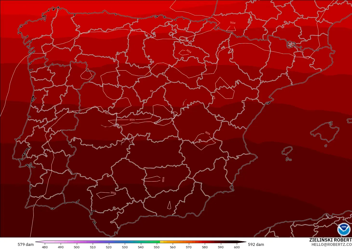 GFS modelo - España, Altura geopotencial a 500 hPa