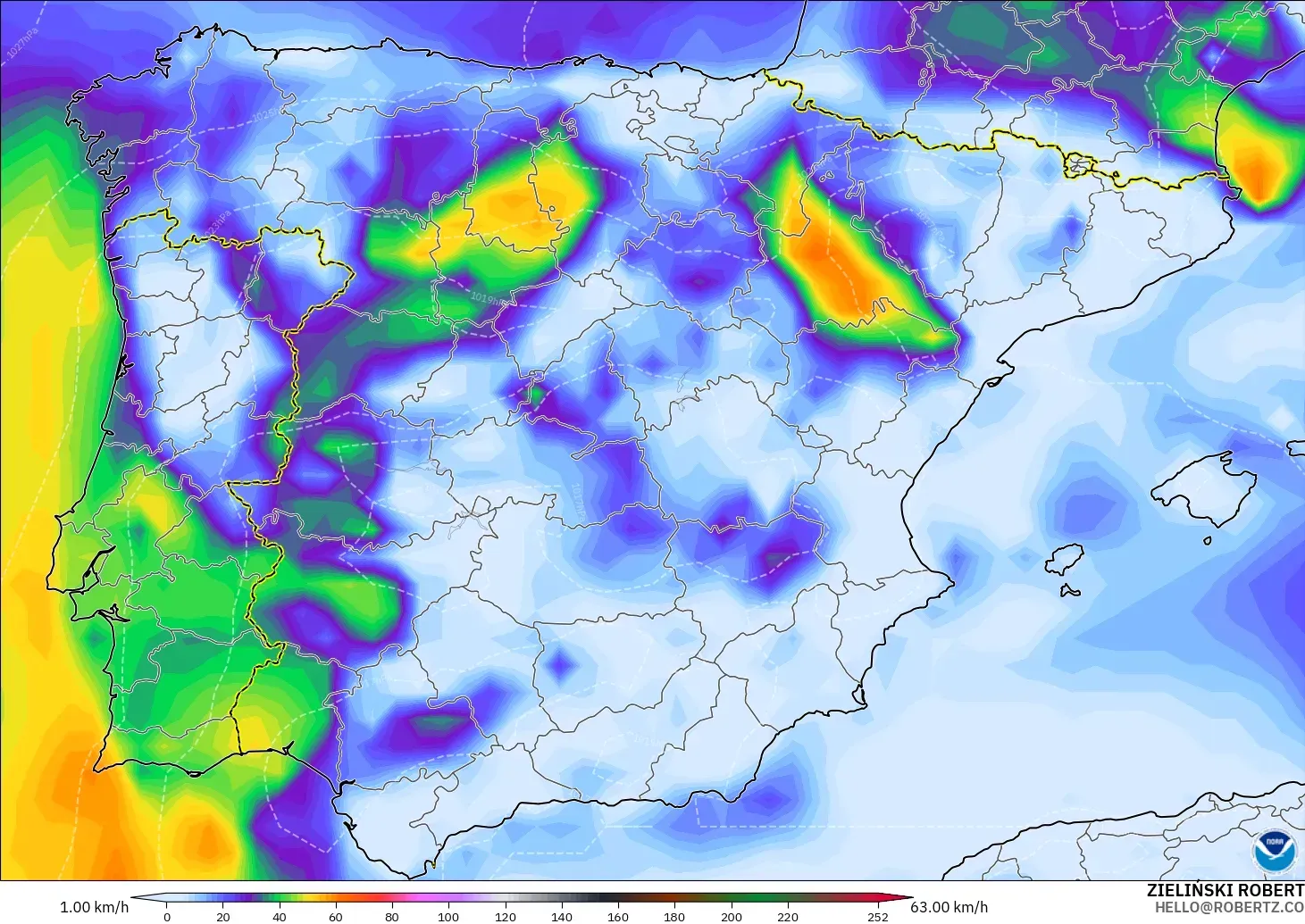 GFS modelo - España, Ráfagas de viento