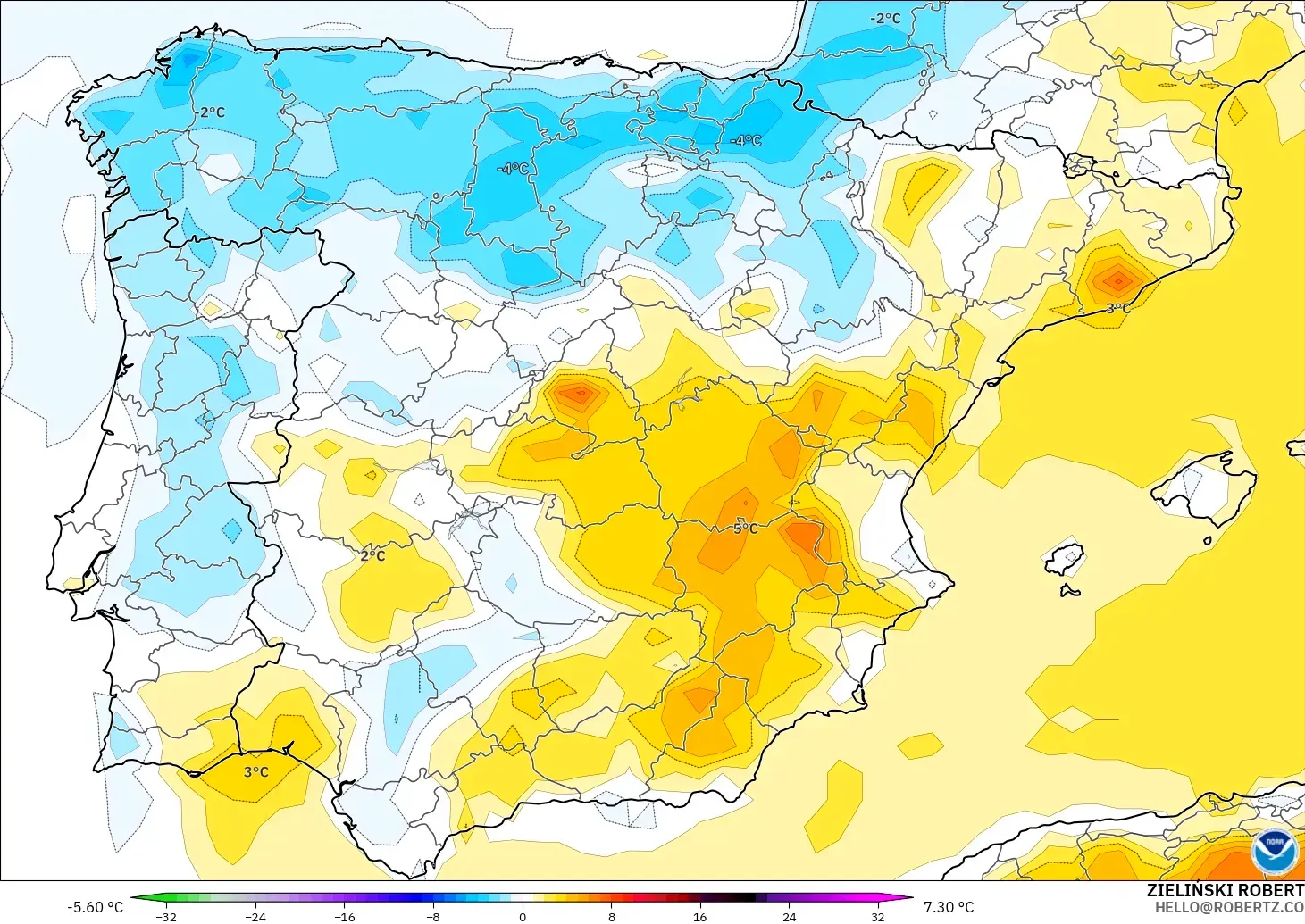 GFS modelo - España, Anomalía de temperatura a 2 m