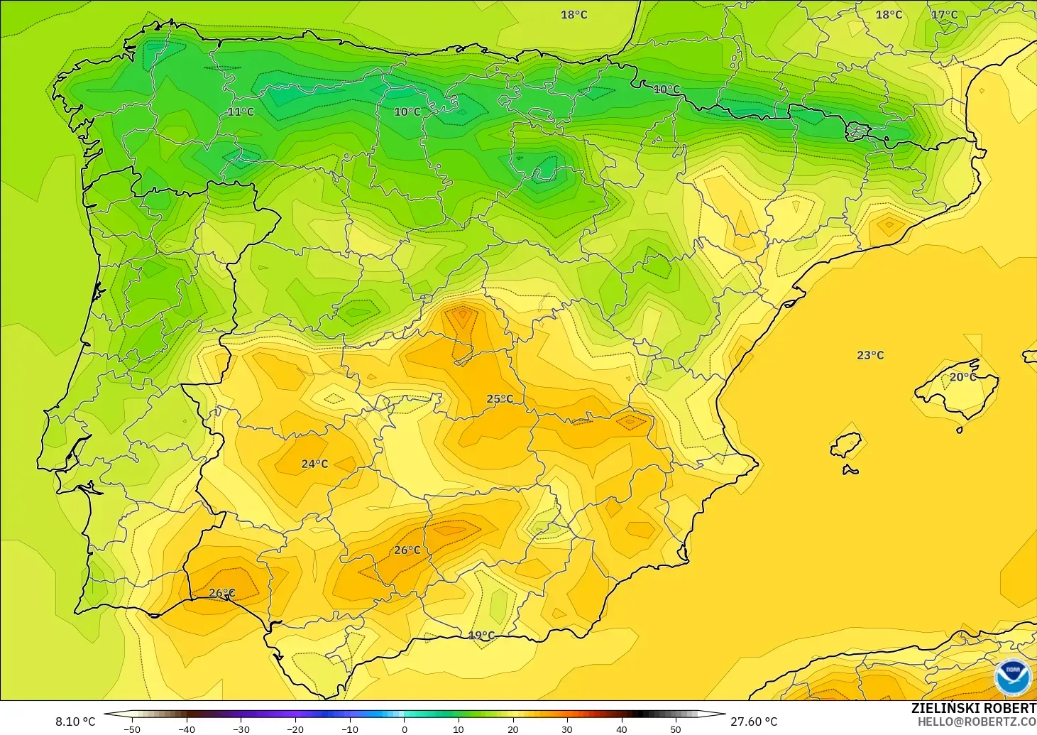 GFS modelo - España, Temperatura a 2 m