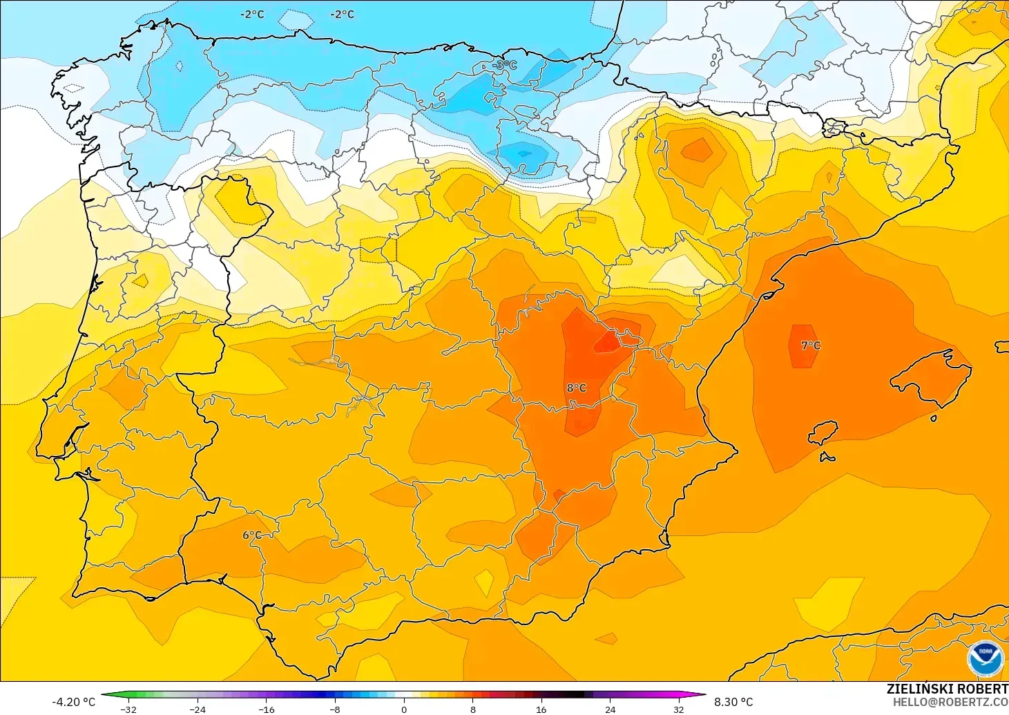 GFS modelo - España, Anomalía de temperatura a 850 hPa