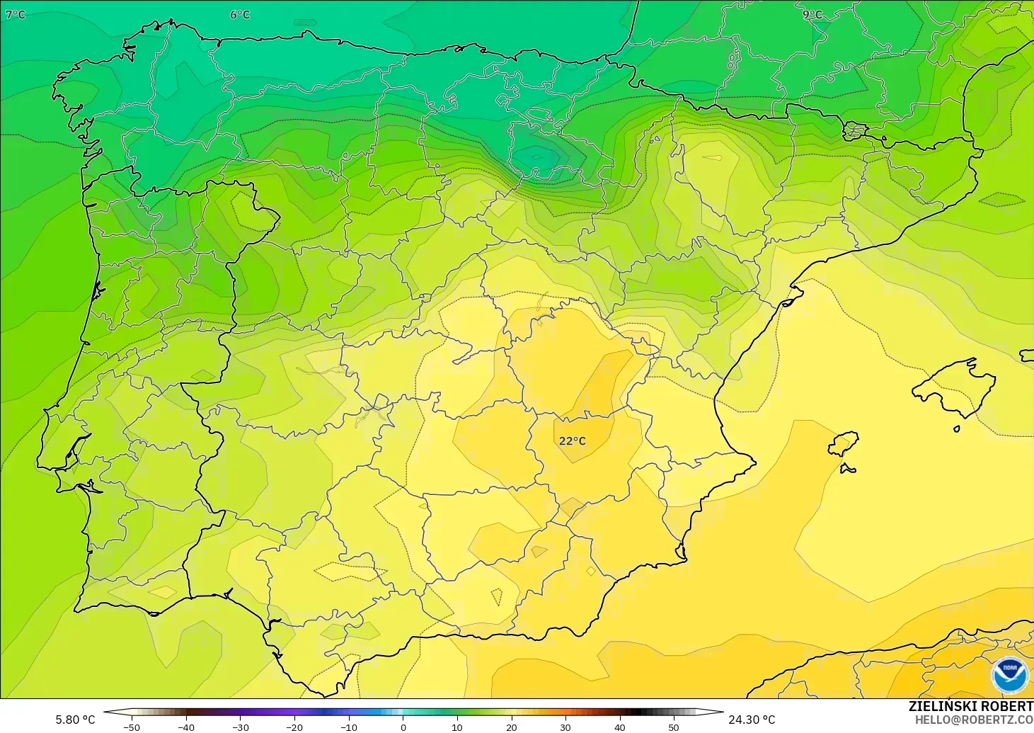 GFS modelo - España, Temperatura a 850 hPa