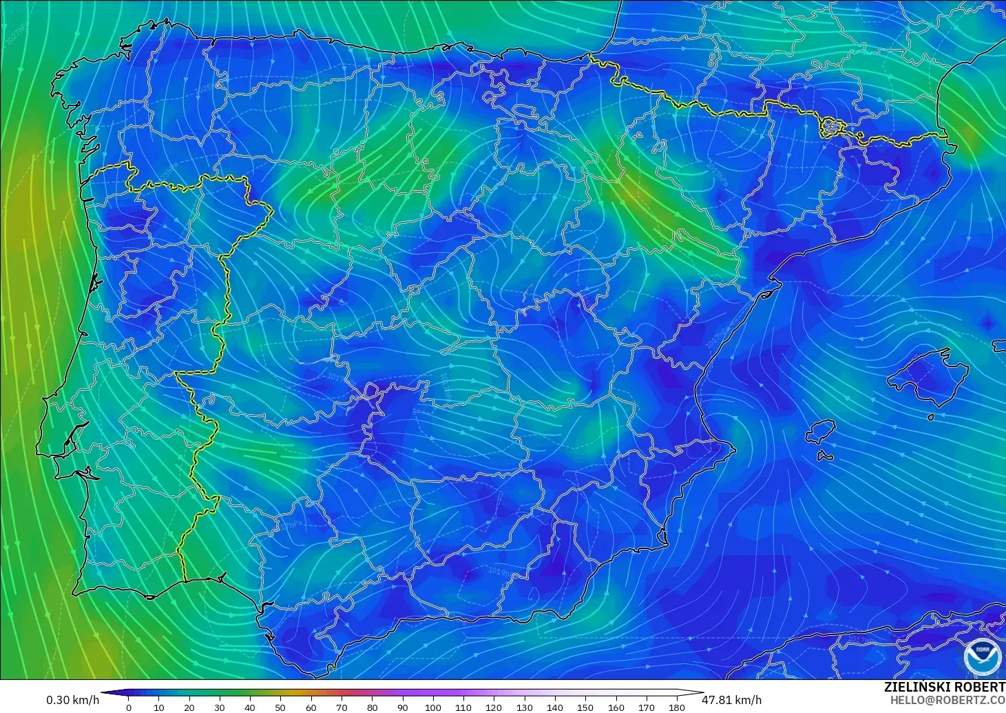 GFS modelo - España, Viento a 10 m