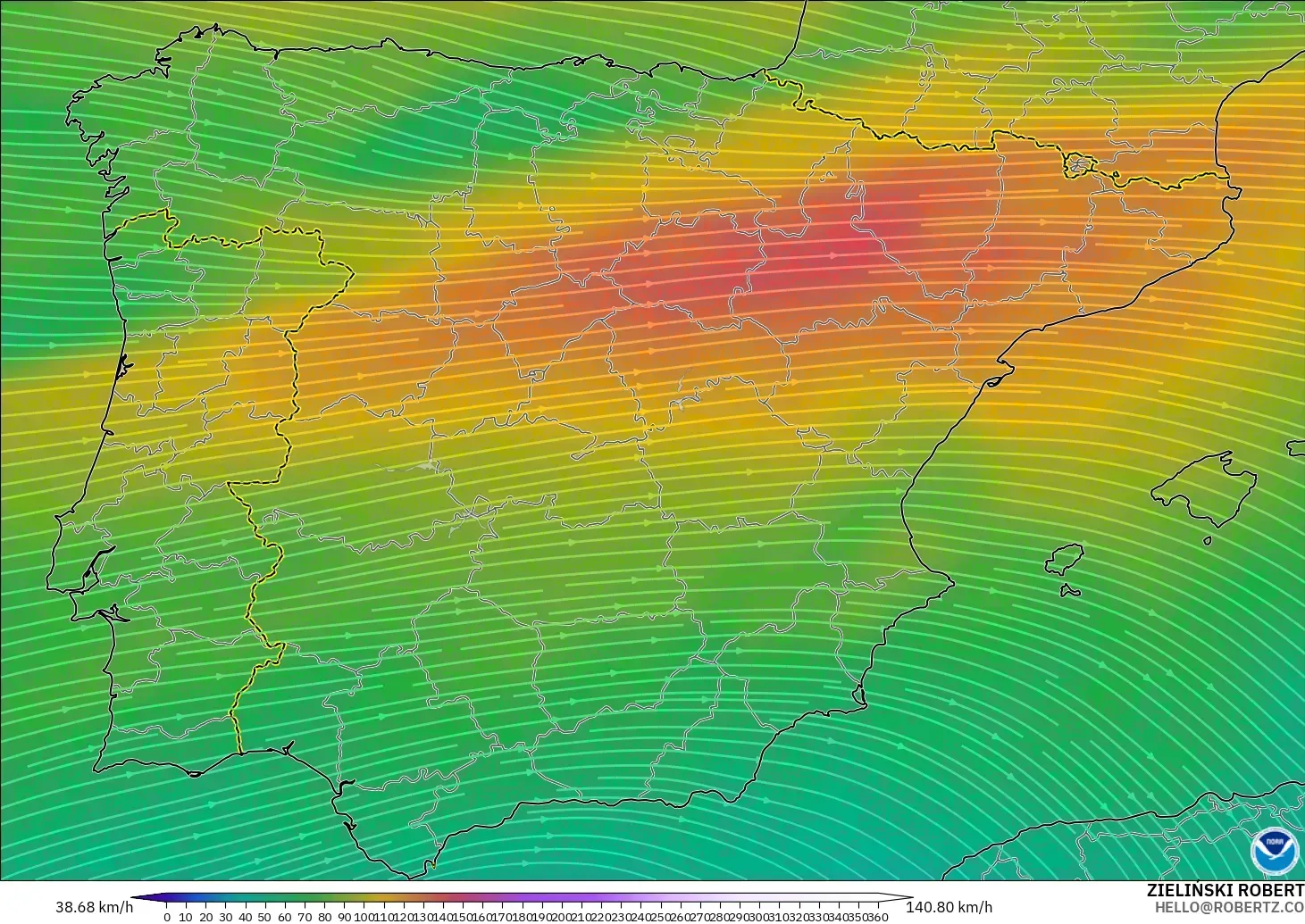 GFS modelo - España, Viento a 300 hPa (corriente en chorro)