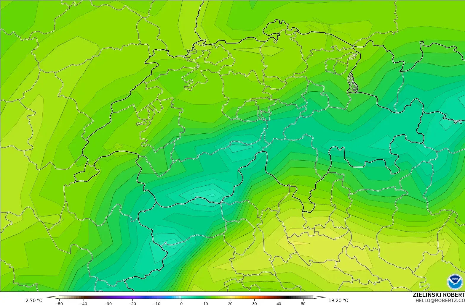 GFS modelo - Suiza, Punto de rocío a 2 m