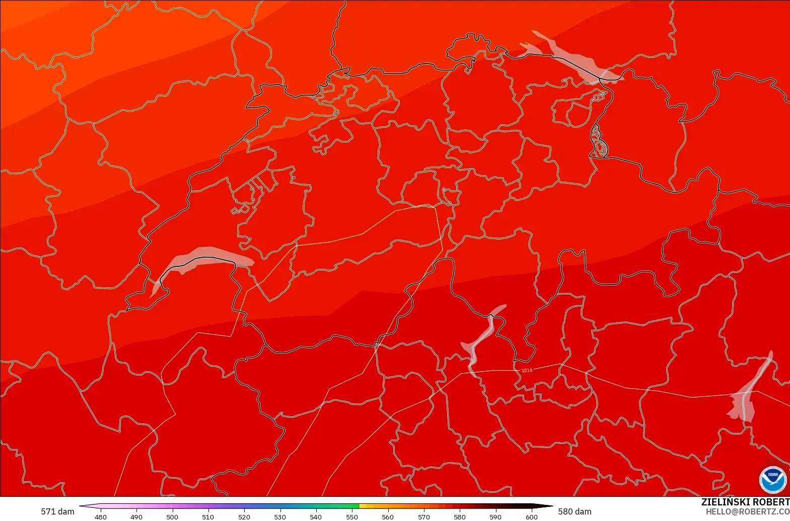 GFS modelo - Suiza, Altura geopotencial a 500 hPa