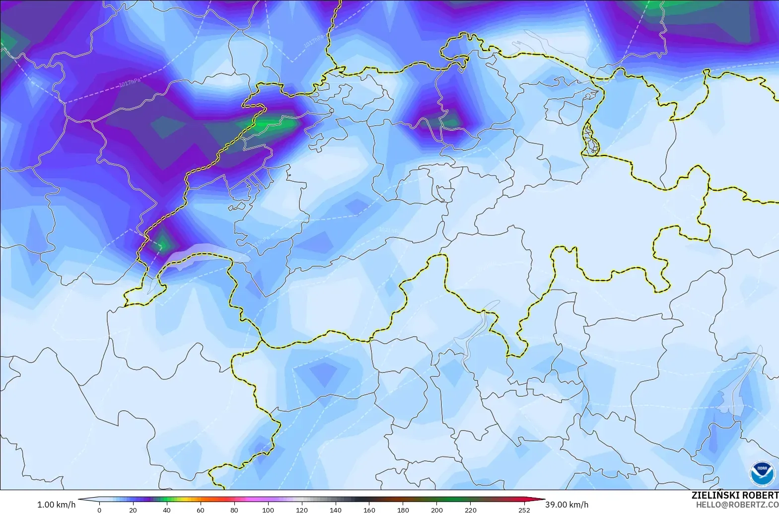 GFS modelo - Suiza, Ráfagas de Viento Máximas