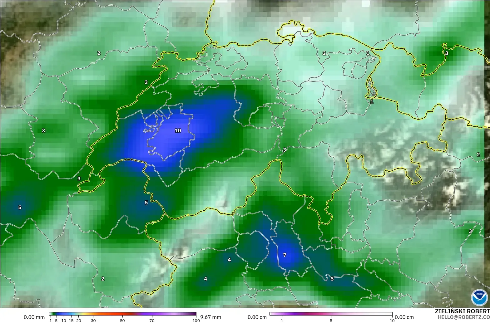 GFS modelo - Suiza, Precipitación, nubes y presión