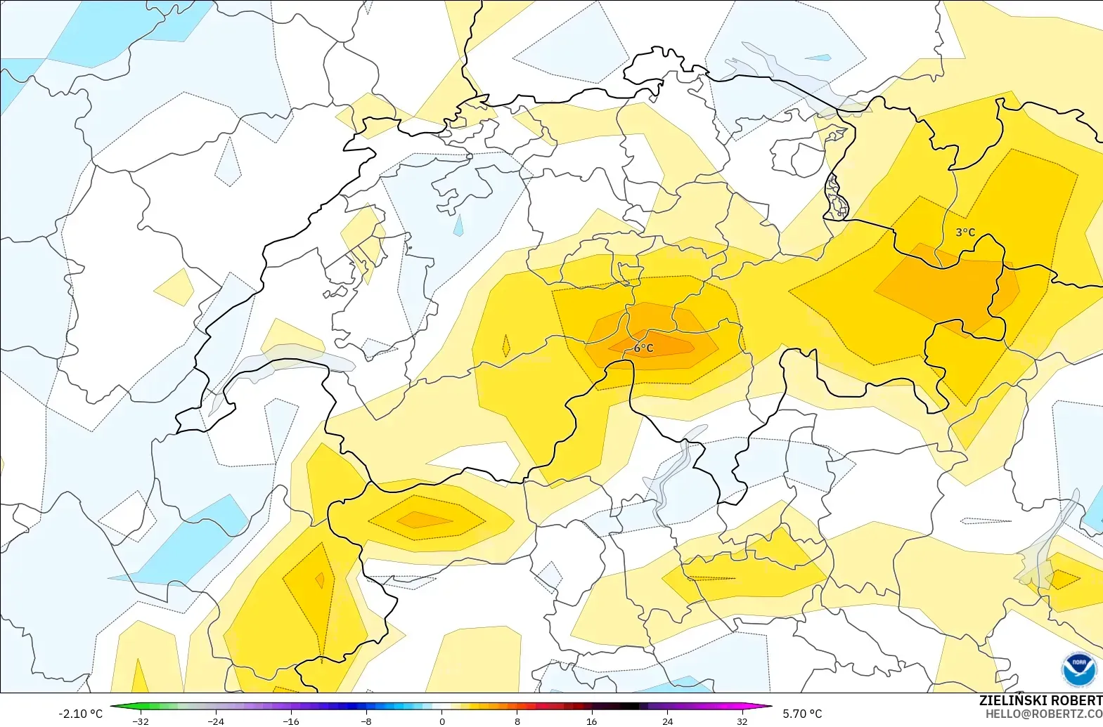 GFS modelo - Suiza, Anomalía de temperatura a 2 m