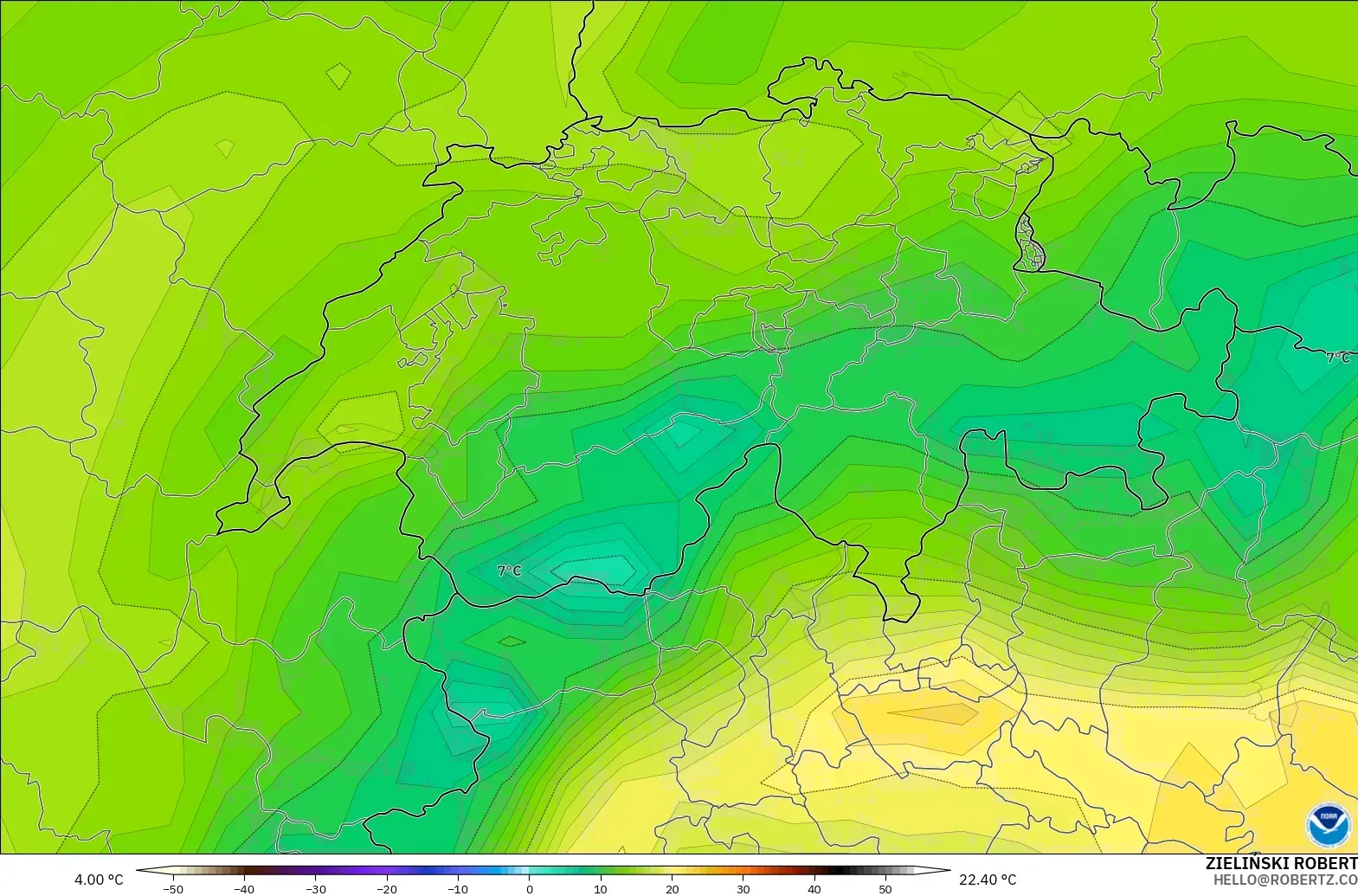 GFS modelo - Suiza, Temperatura a 2 m