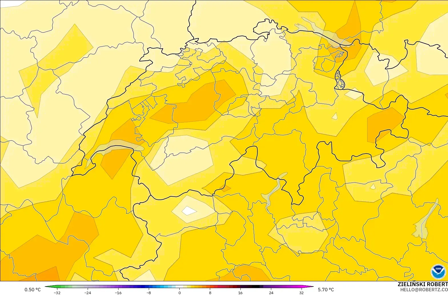 GFS modelo - Suiza, Anomalía de temperatura a 850 hPa
