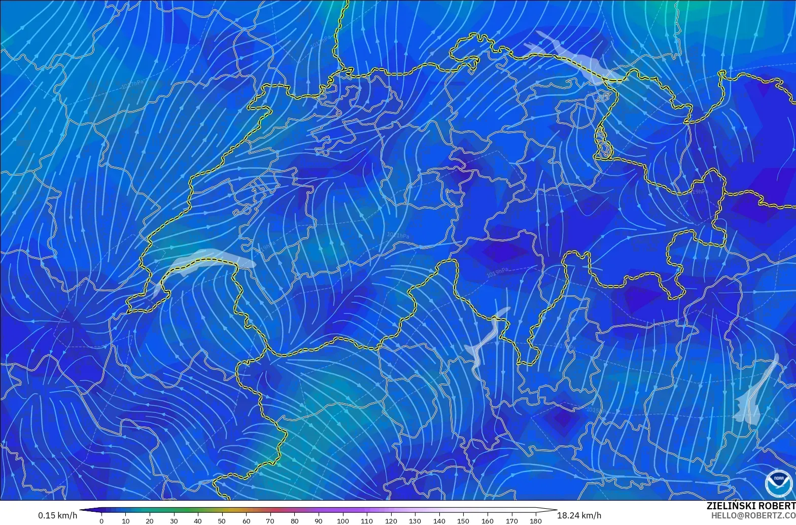 GFS modelo - Suiza, Viento a 10 m