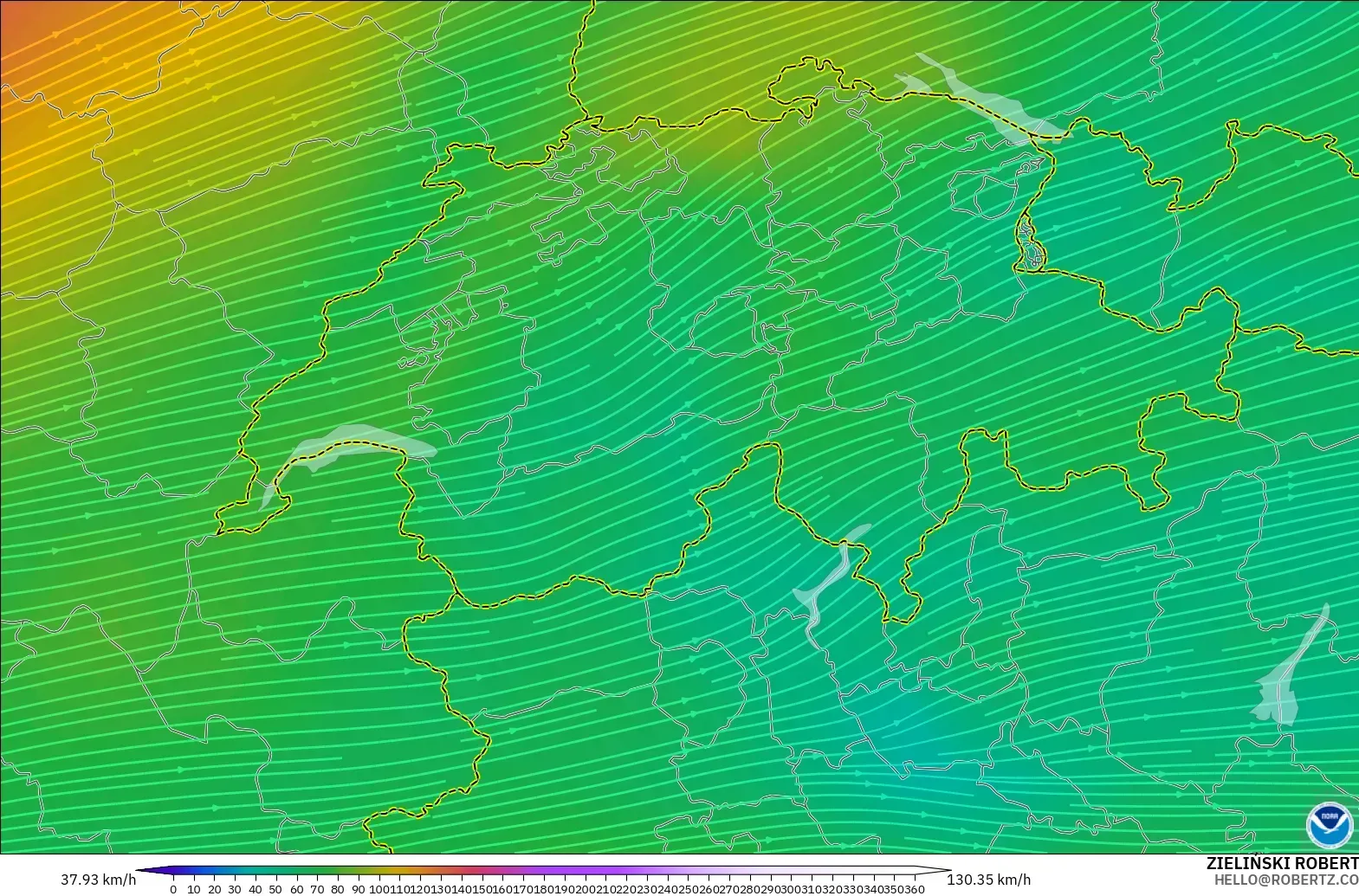 GFS modelo - Suiza, Viento a 300 hPa (corriente en chorro)