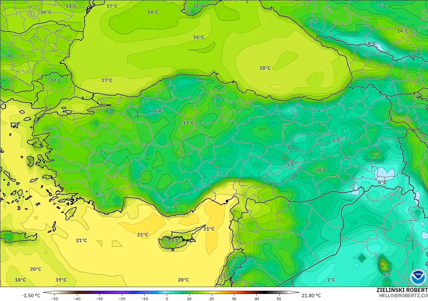 GFS modelo - Turquía, Punto de rocío a 2 m