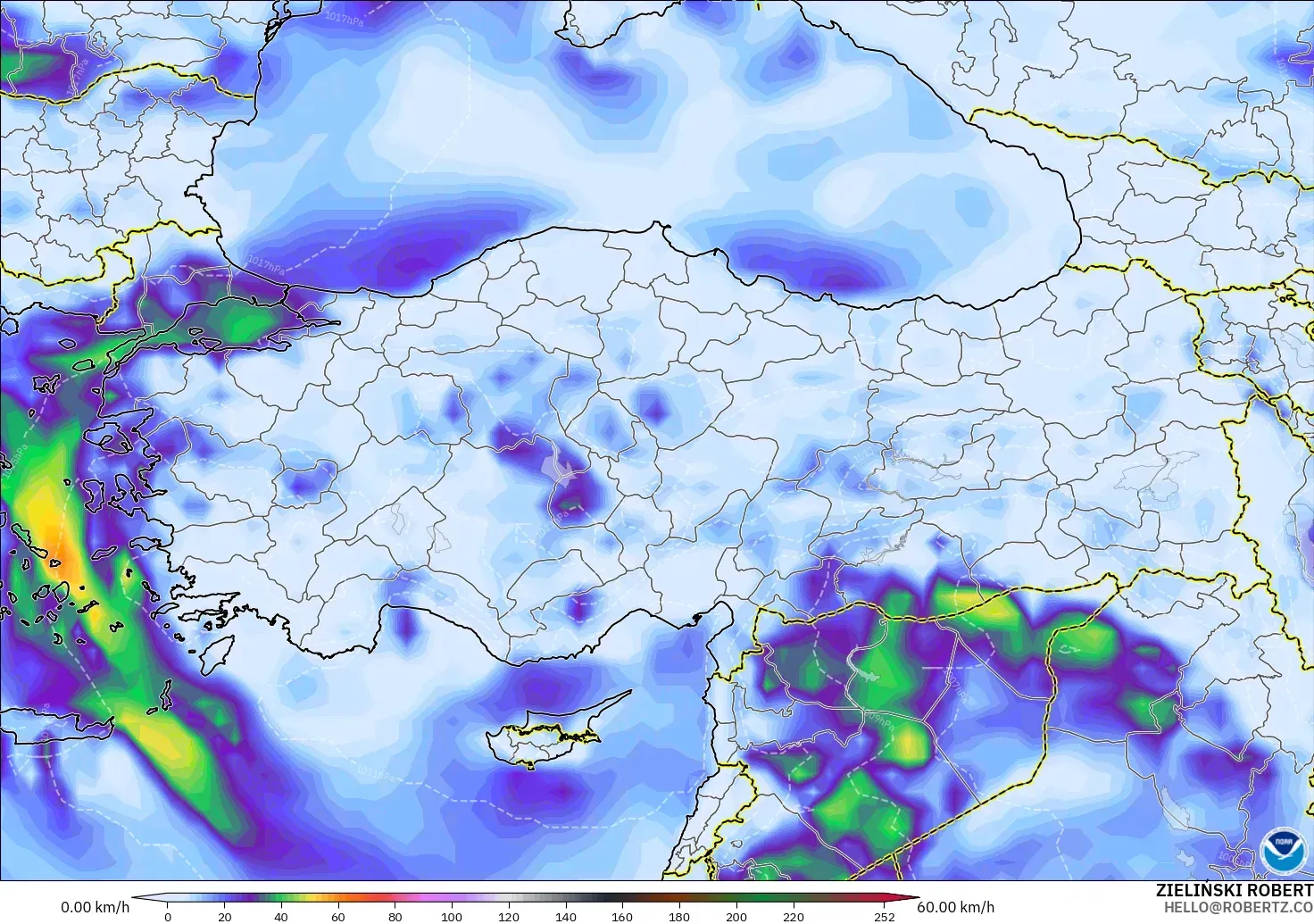 GFS modelo - Turquía, Ráfagas de Viento Máximas