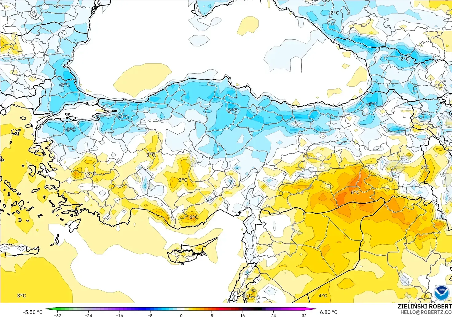 GFS modelo - Turquía, Anomalía de temperatura a 2 m