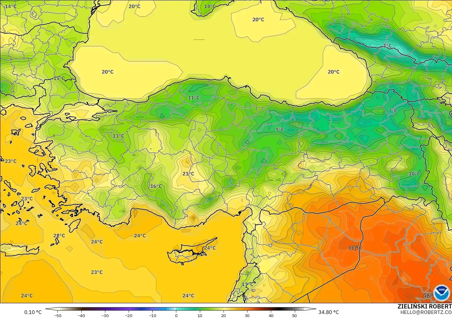 GFS modelo - Turquía, Temperatura a 2 m