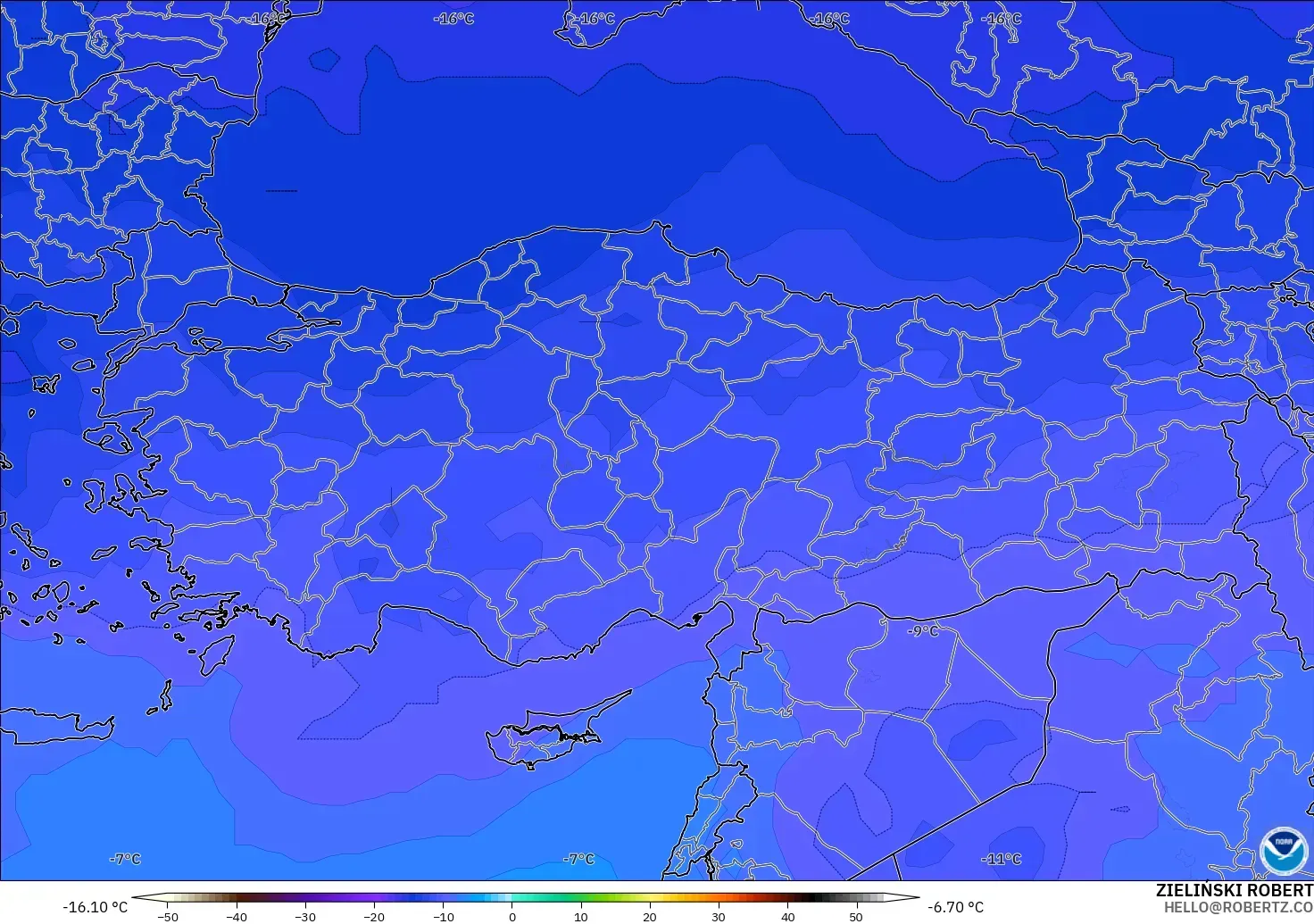 GFS modelo - Turquía, Temperatura a 500 hPa