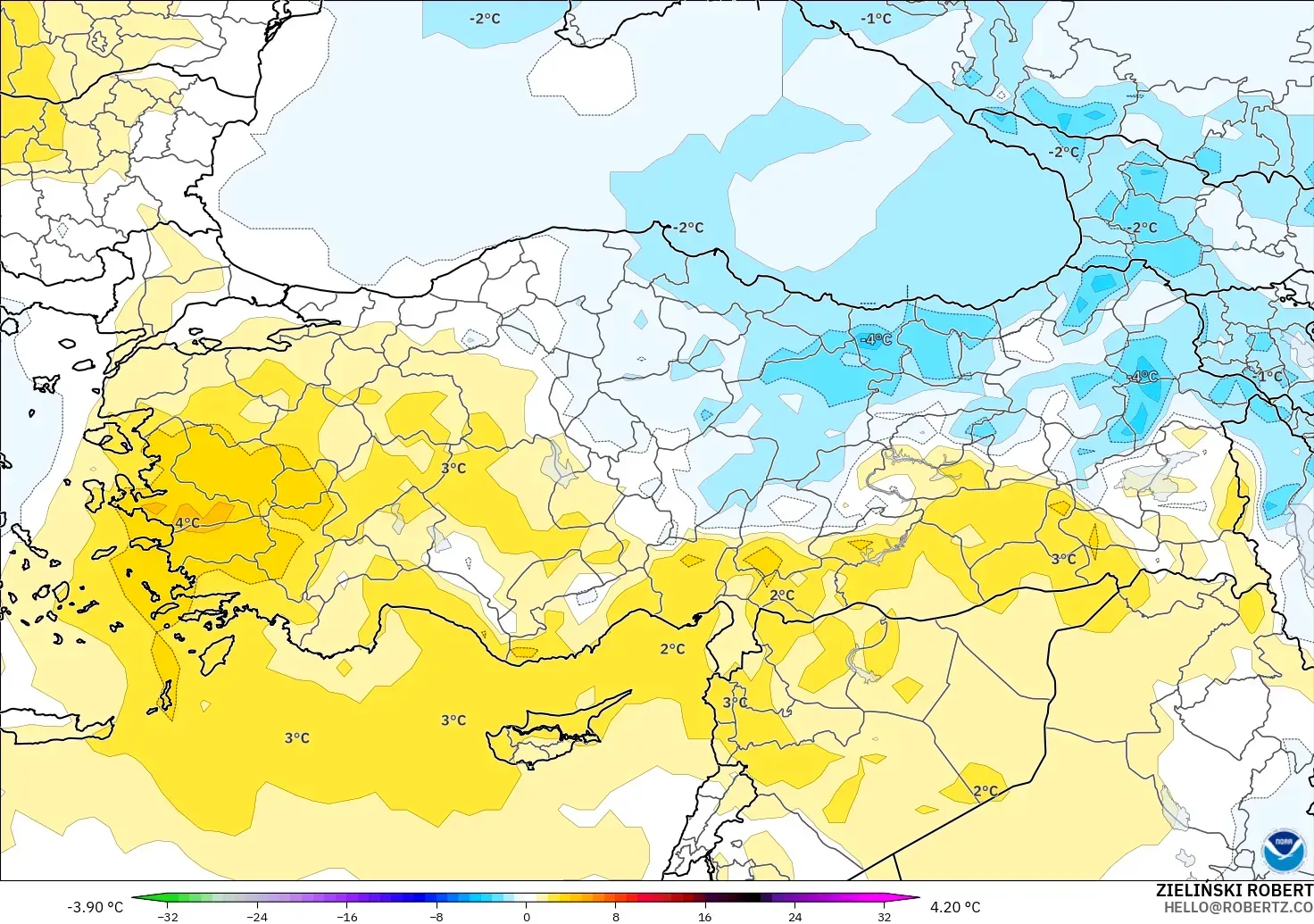 GFS modelo - Turquía, Anomalía de temperatura a 850 hPa
