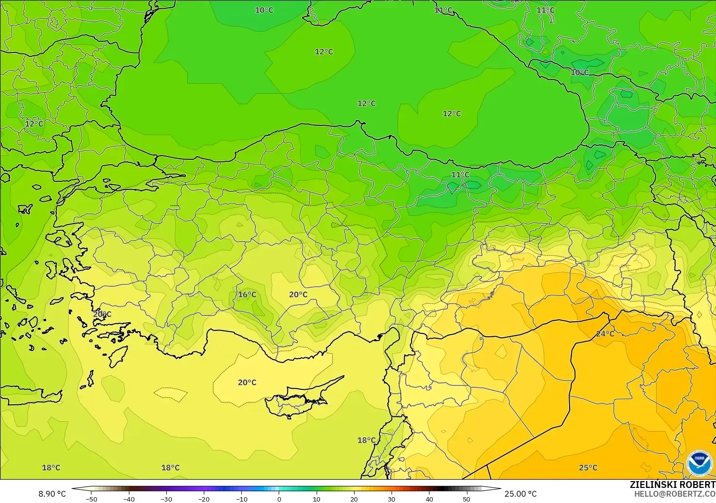 GFS modelo - Turquía, Temperatura a 850 hPa