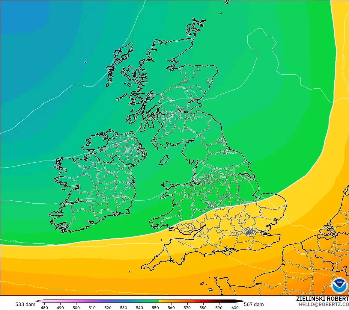 GFS modelo - Reino Unido, Altura geopotencial a 500 hPa