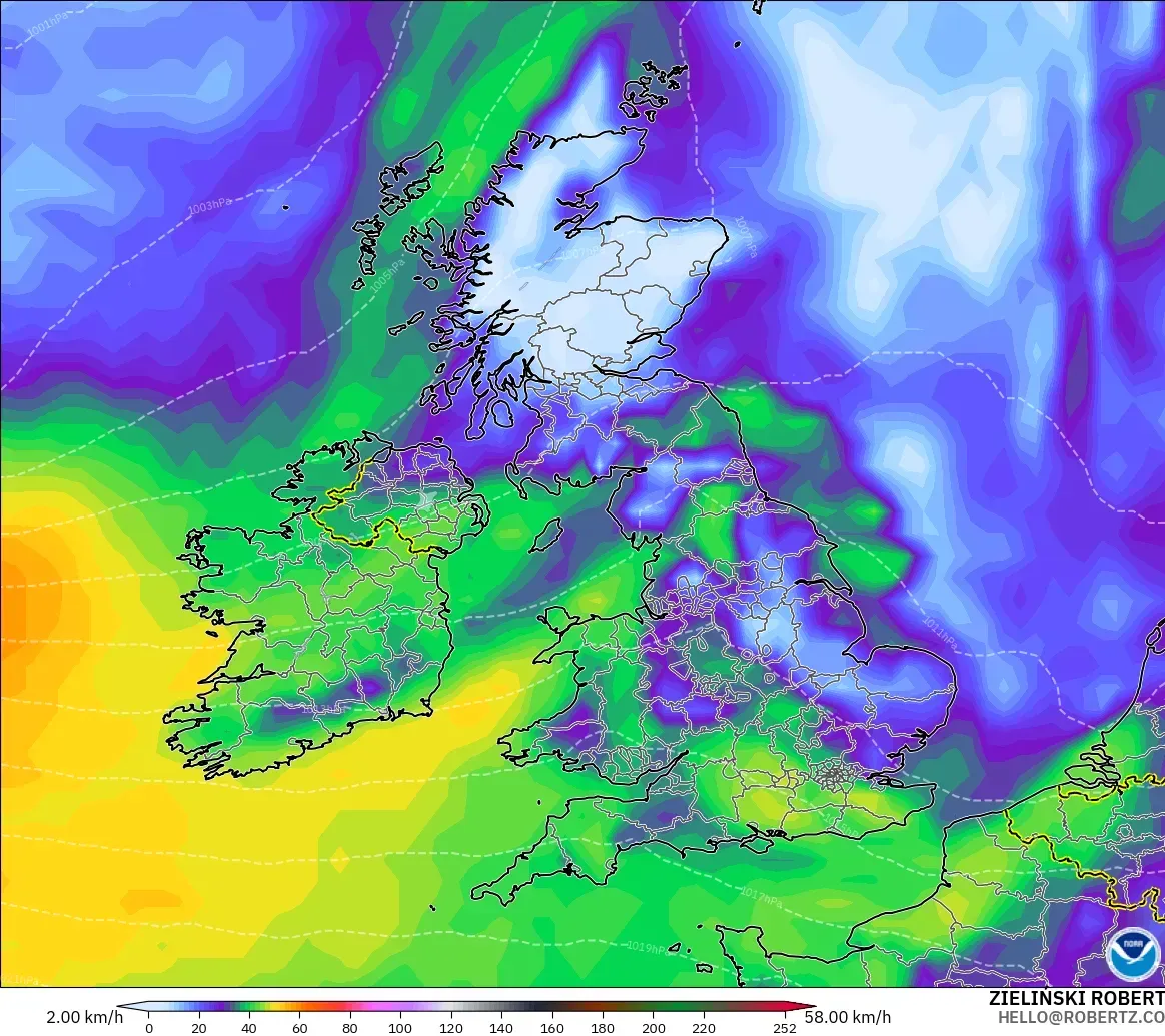 GFS modelo - Reino Unido, Ráfagas de Viento Máximas