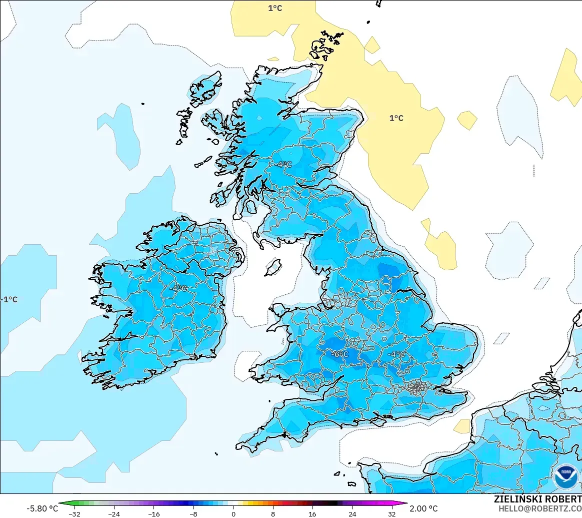 GFS modelo - Reino Unido, Anomalía de temperatura a 2 m