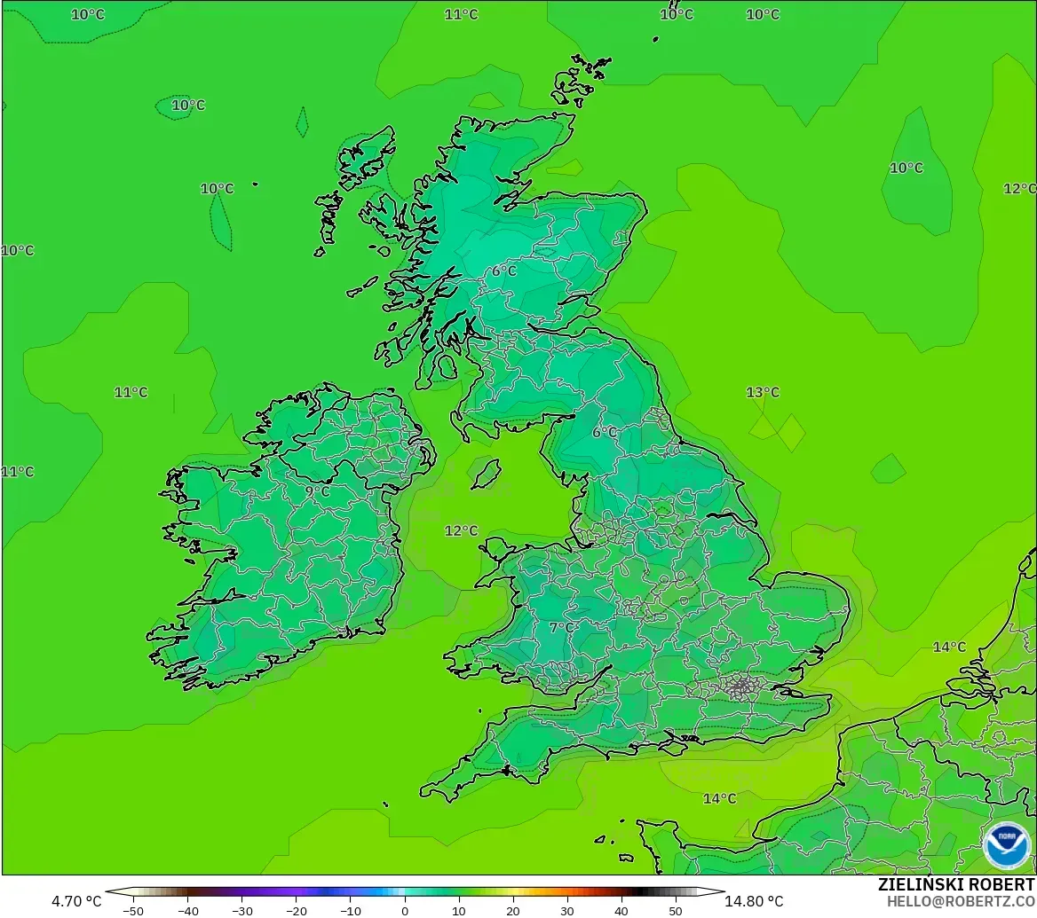 GFS modelo - Reino Unido, Temperatura a 2 m