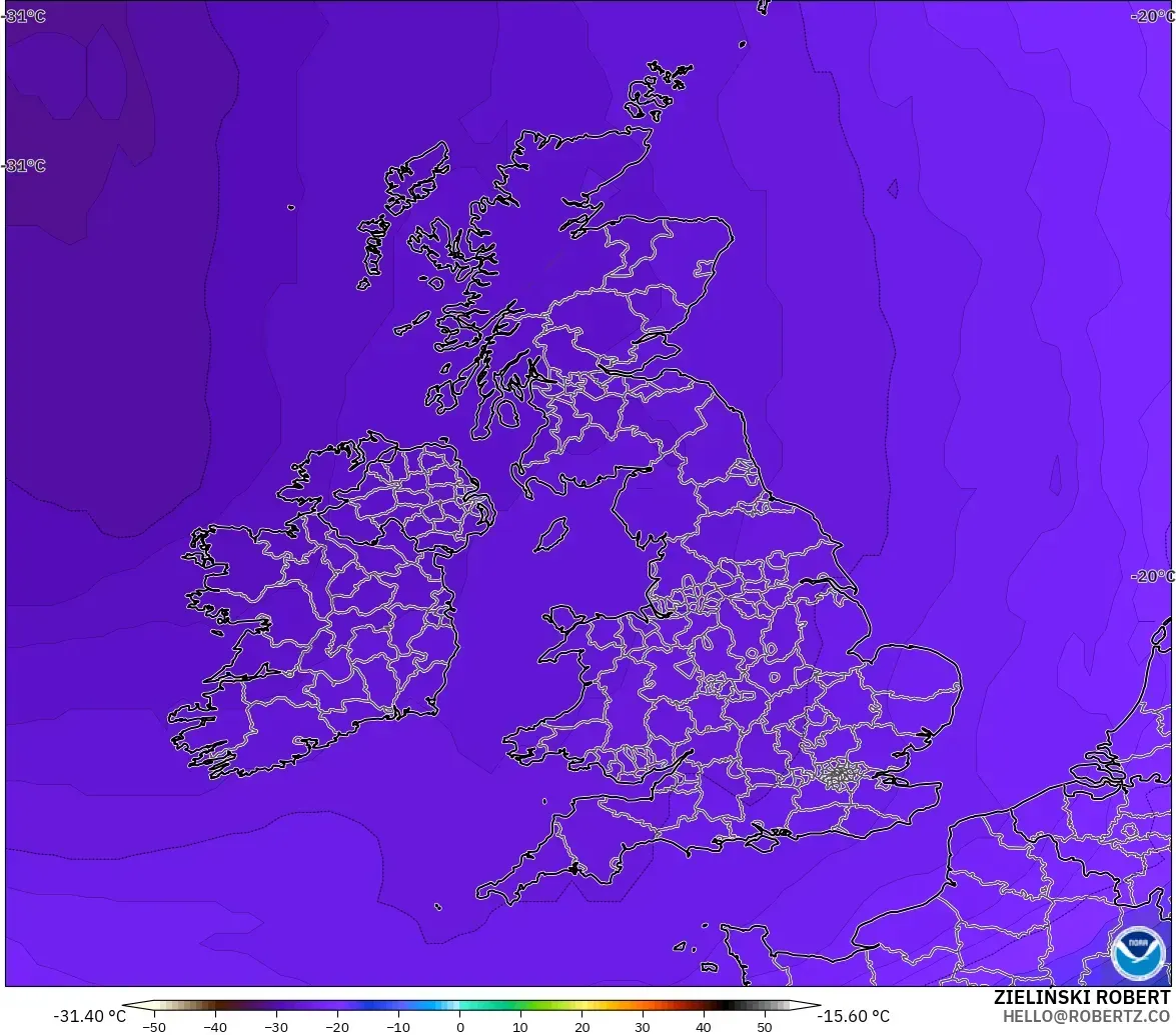 GFS modelo - Reino Unido, Temperatura a 500 hPa