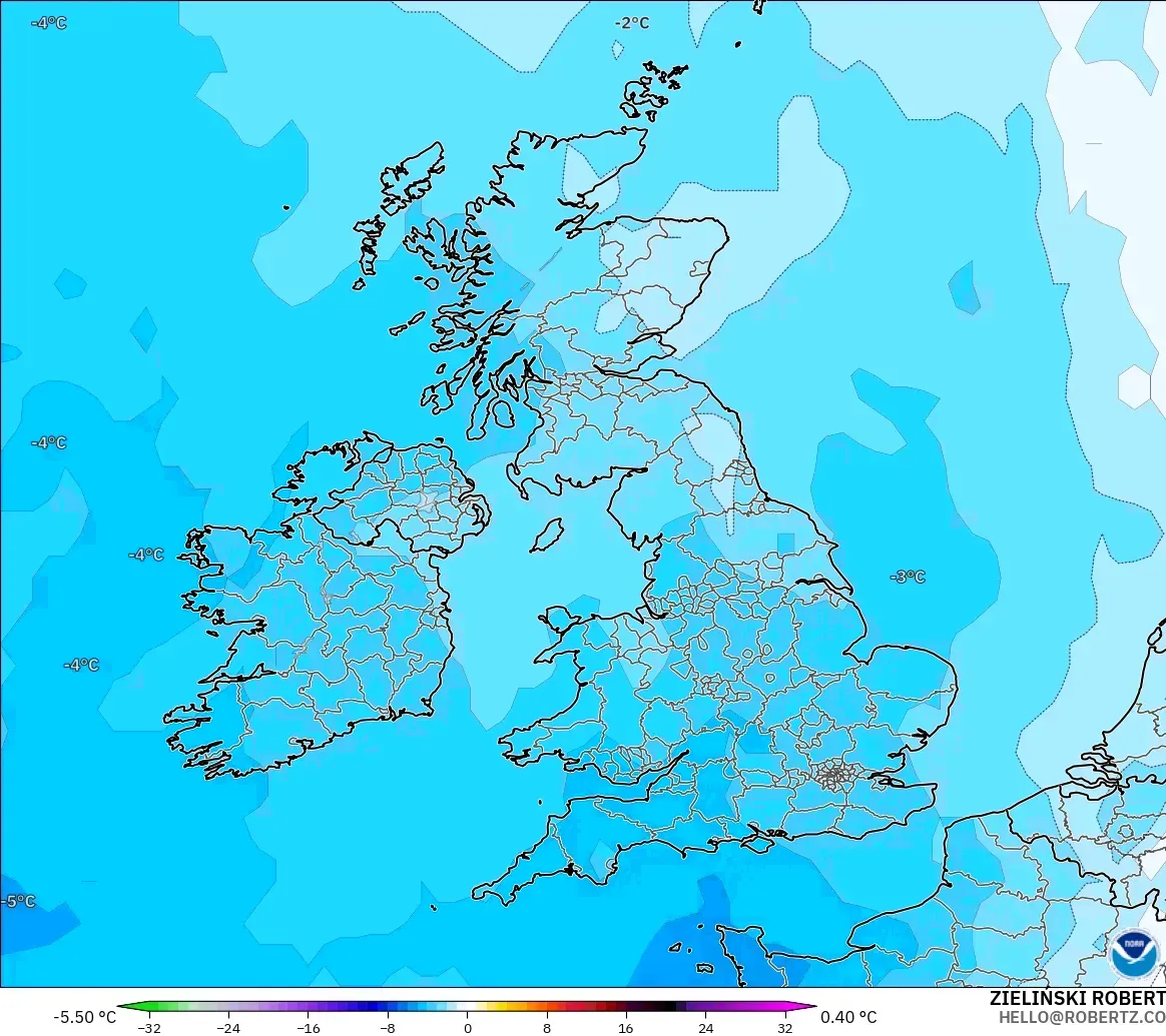 GFS modelo - Reino Unido, Anomalía de temperatura a 850 hPa