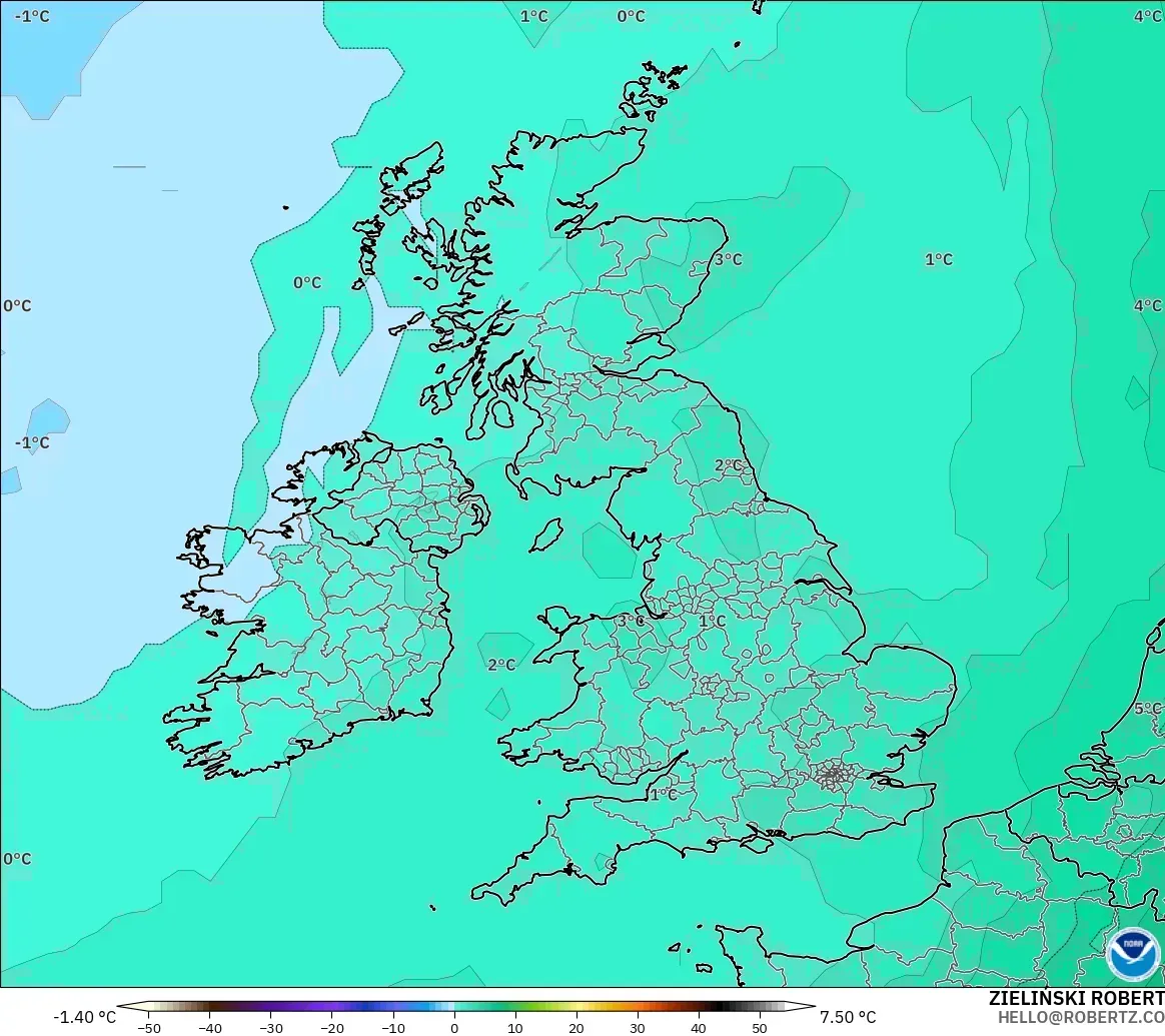 GFS modelo - Reino Unido, Temperatura a 850 hPa