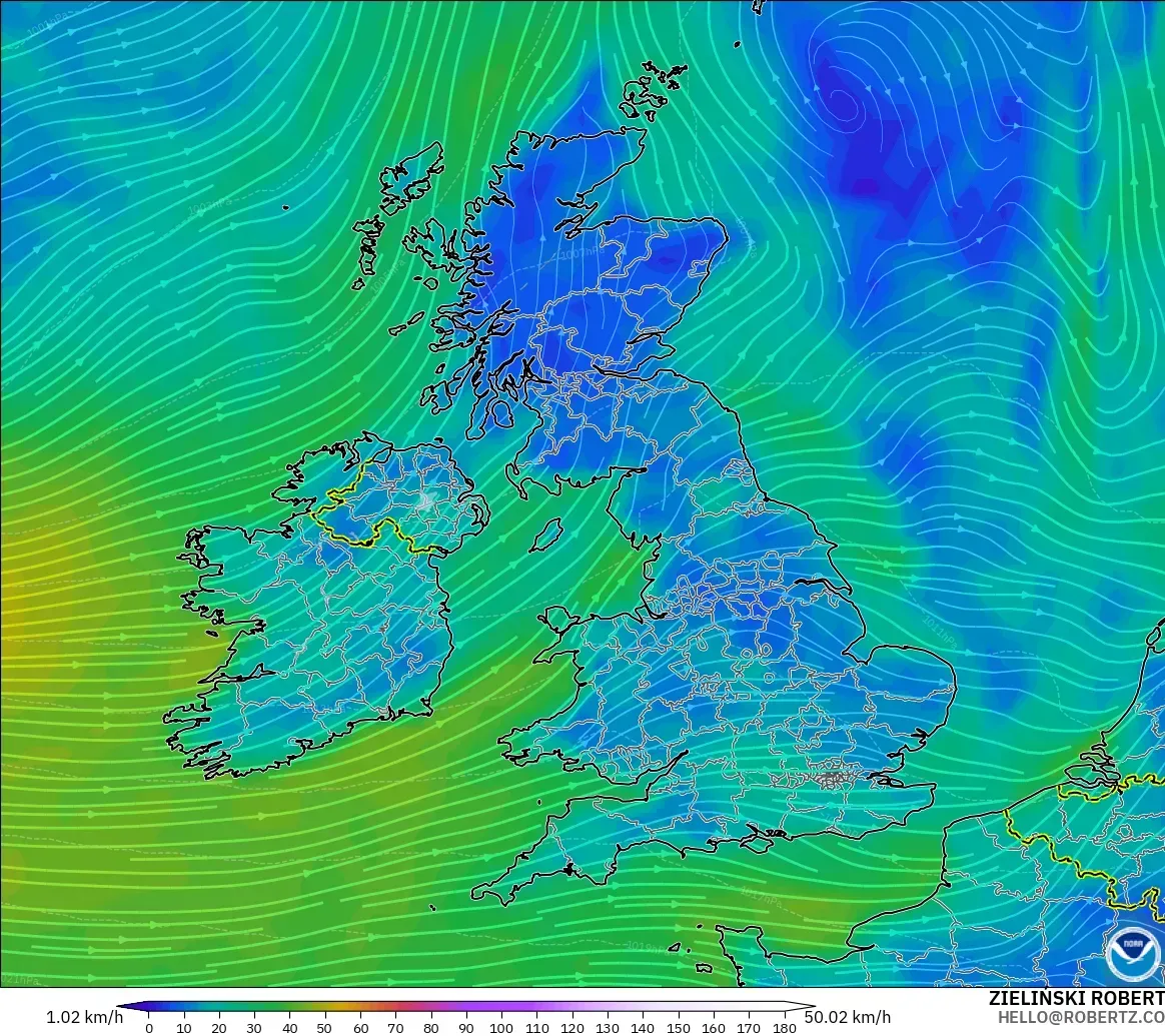 GFS modelo - Reino Unido, Viento a 10 m