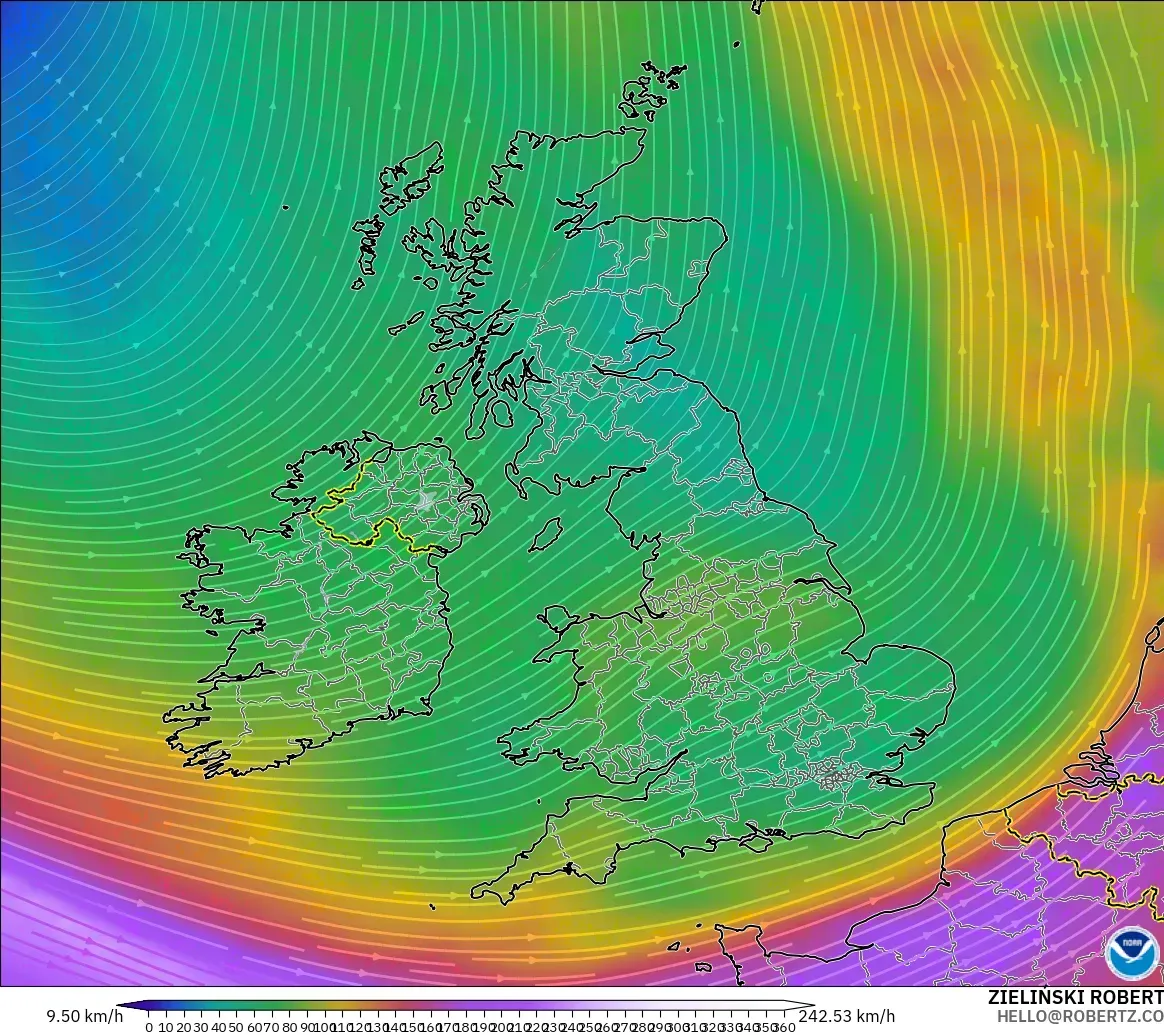 GFS modelo - Reino Unido, Viento a 300 hPa (corriente en chorro)
