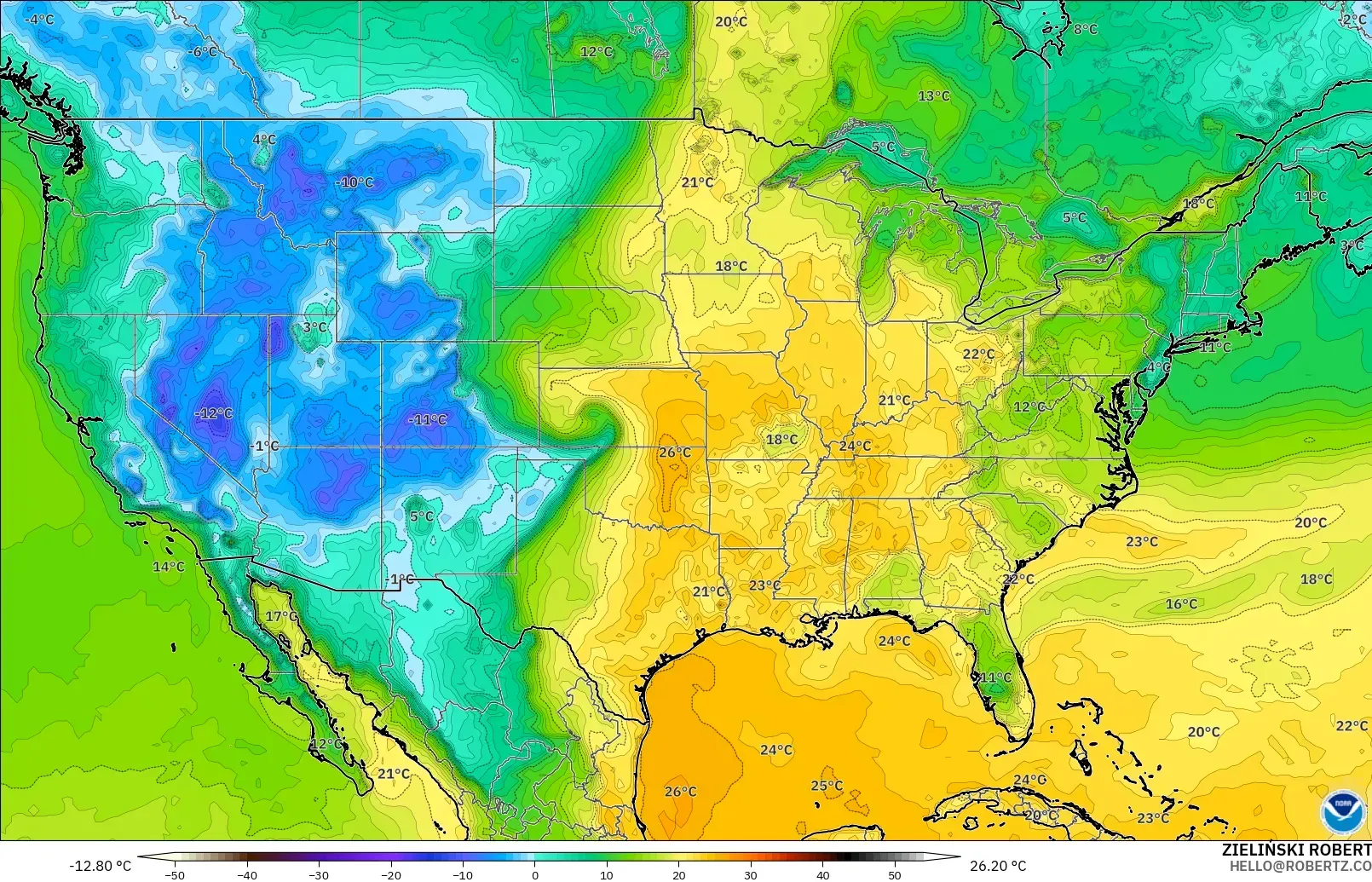 GFS modelo - Estados Unidos, Punto de rocío a 2 m