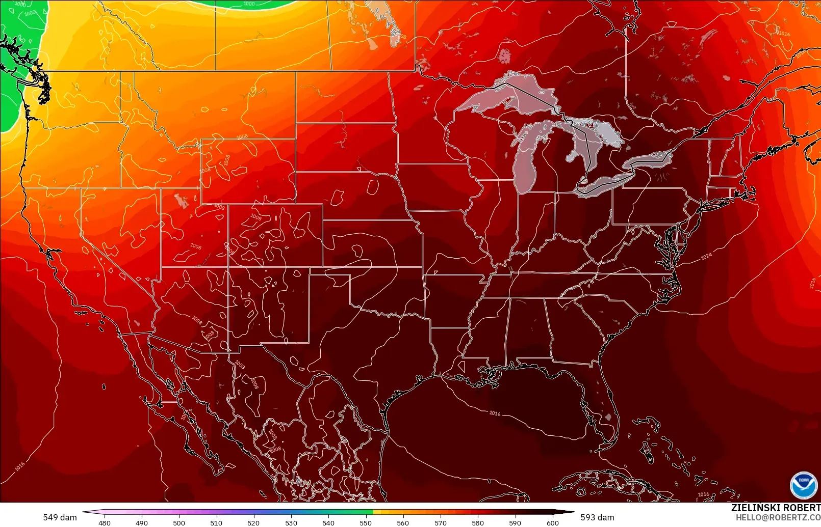 GFS modelo - Estados Unidos, Altura geopotencial a 500 hPa