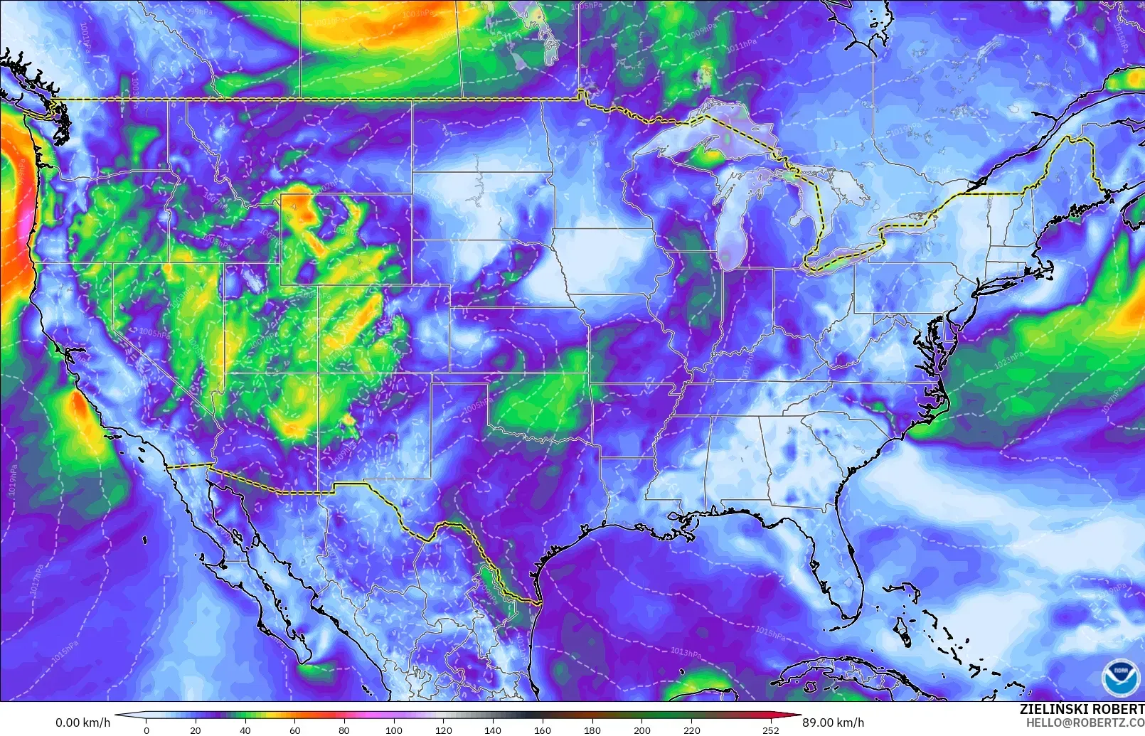 GFS modelo - Estados Unidos, Ráfagas de viento