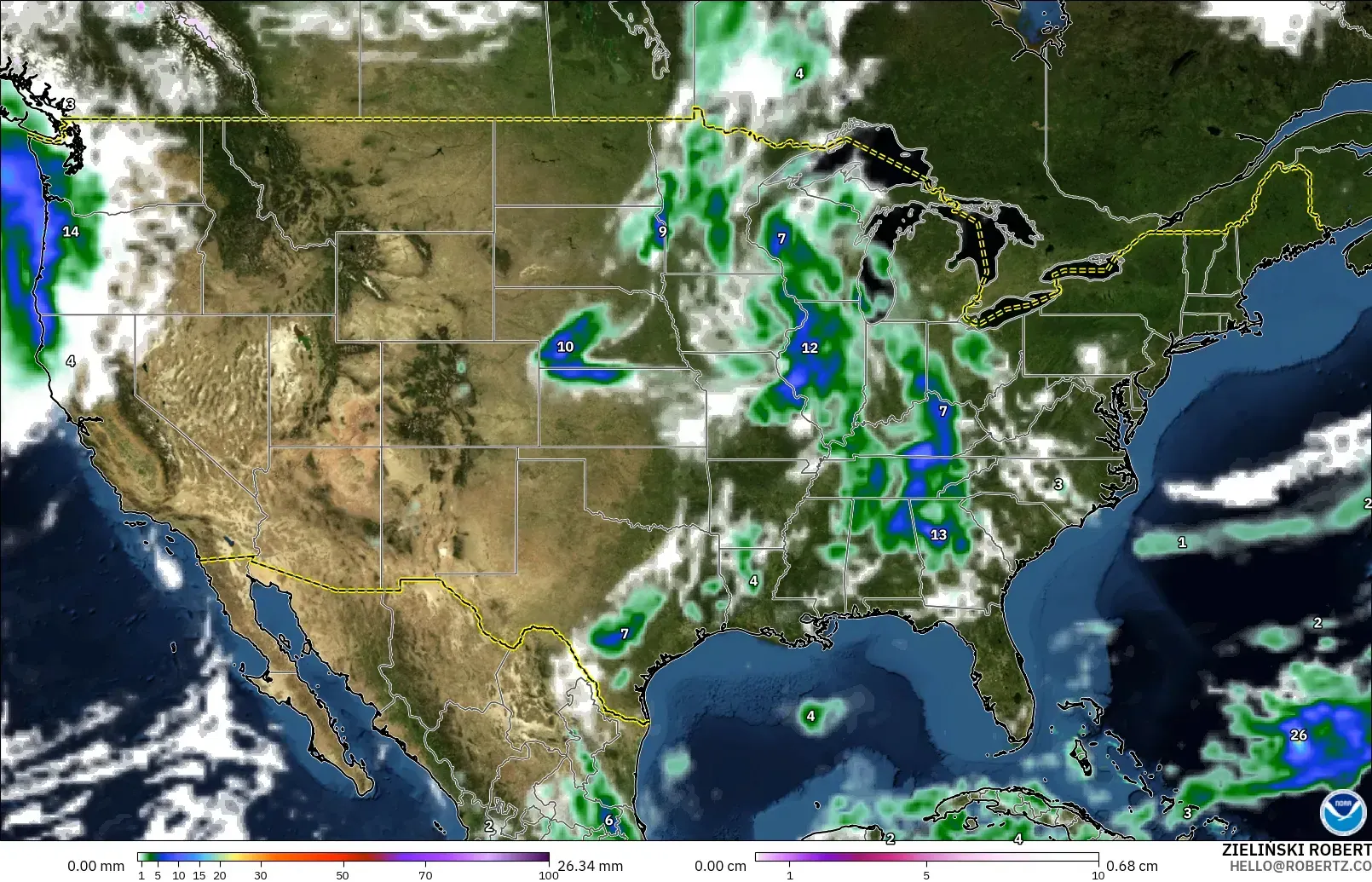 GFS modelo - Estados Unidos, Precipitación, nubes y presión